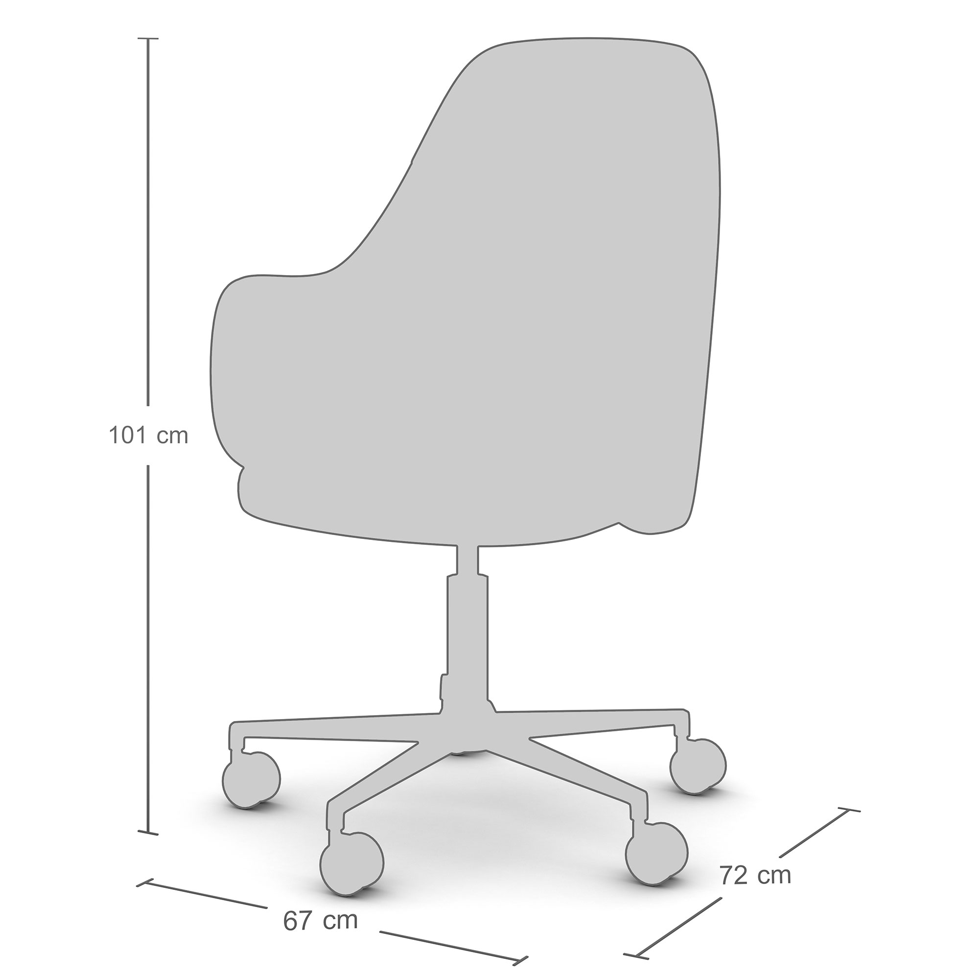 Eine grafische Darstellung eines Bürostuhls mit Abmessungen: Höhe 101 cm, Breite 67 cm, Tiefe 72 cm.
