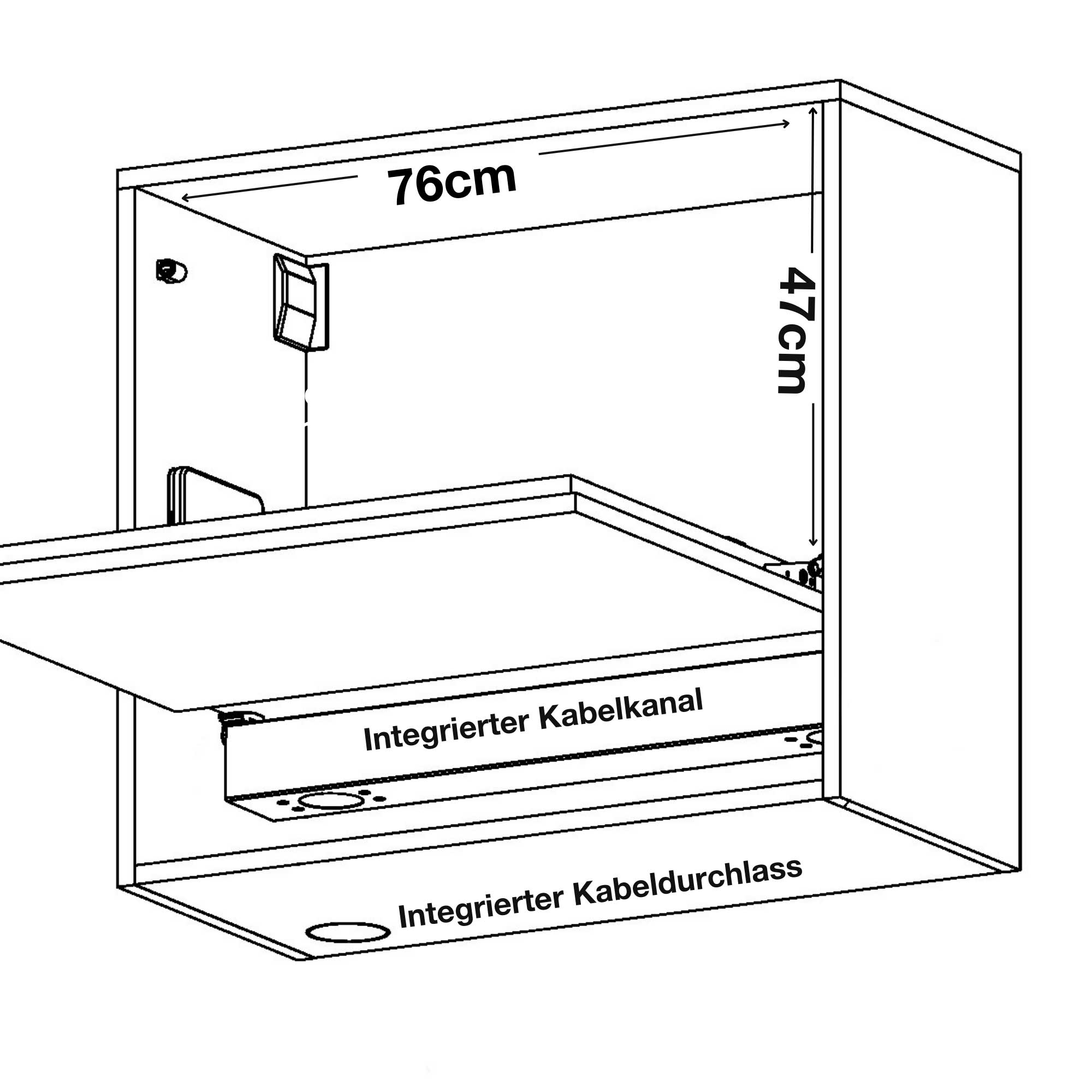Technische Zeichnung eines Wandklapptisches mit ausziehbarer Arbeitsfläche.