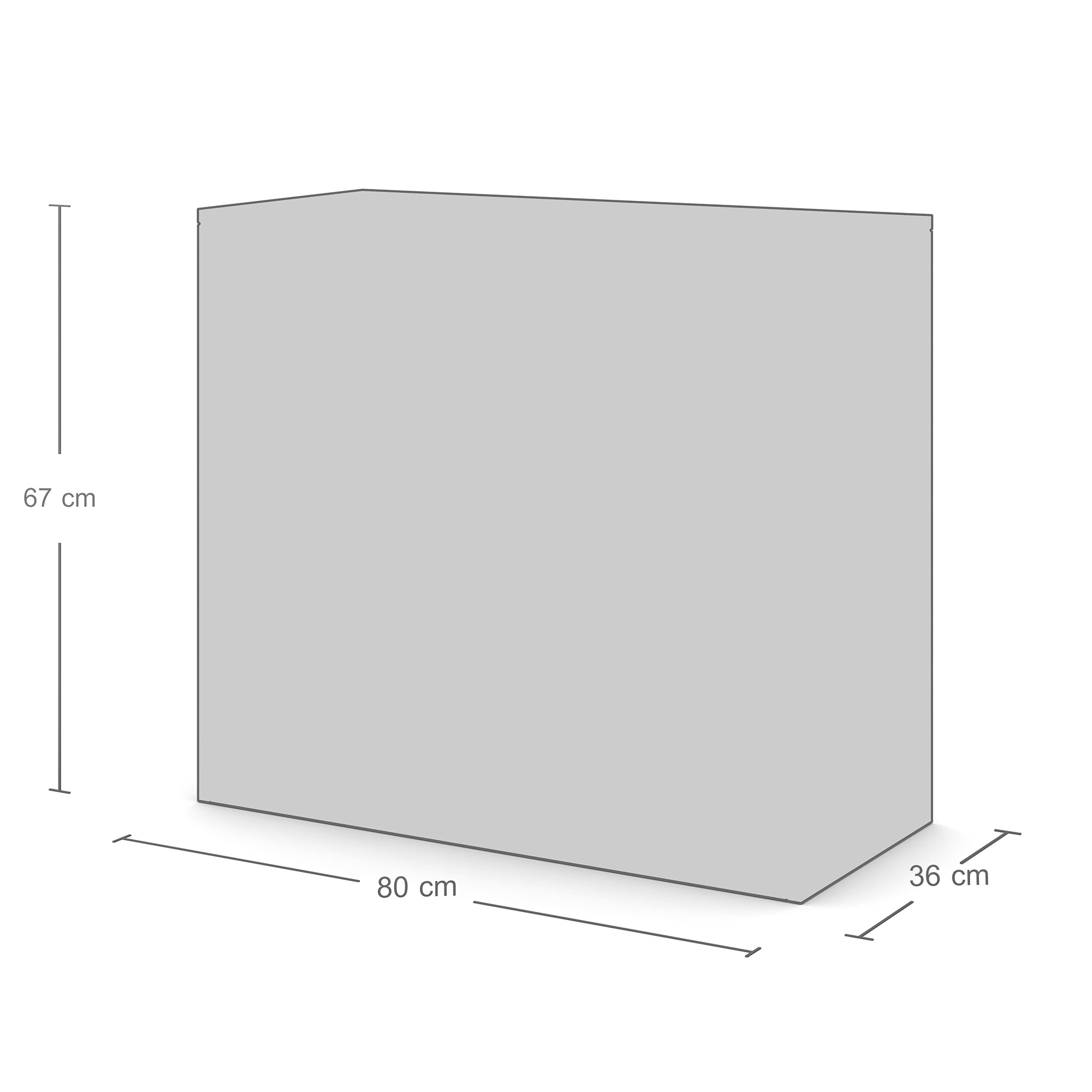 Eine graue Box mit den Abmessungen 67 cm hoch, 80 cm breit und 36 cm tief.