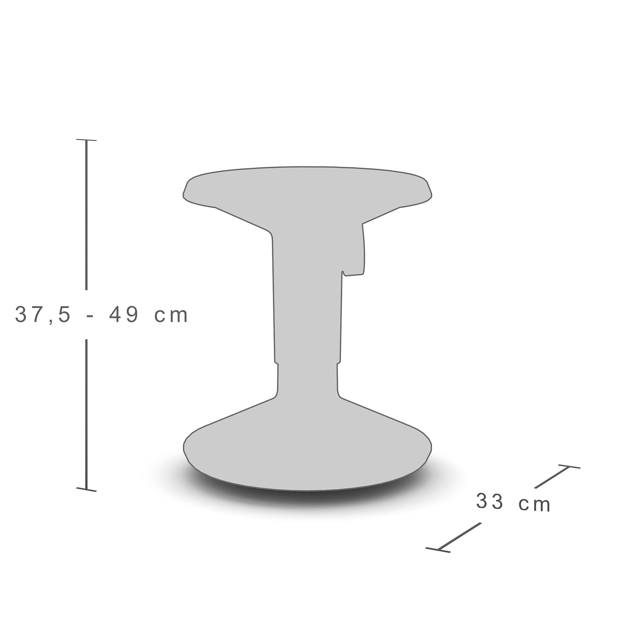 Maßzeichnung eines ergonomischen Hockers mit Höhenverstellbereich von 37,5 bis 49 cm und 33 cm Durchmesser.