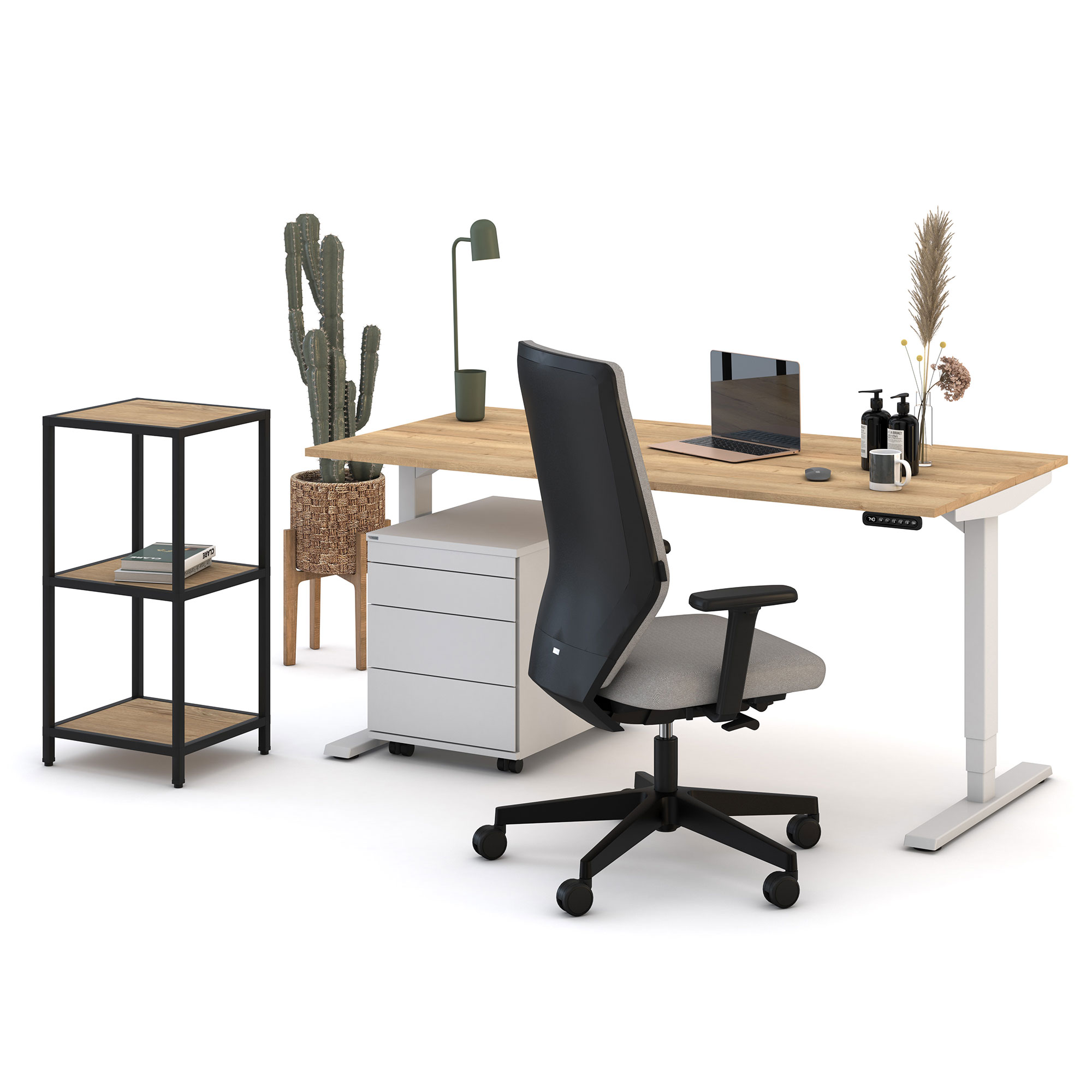 Modern eingerichteter Arbeitsplatz mit Schreibtisch, Stuhl, Rollcontainer und Regalen.