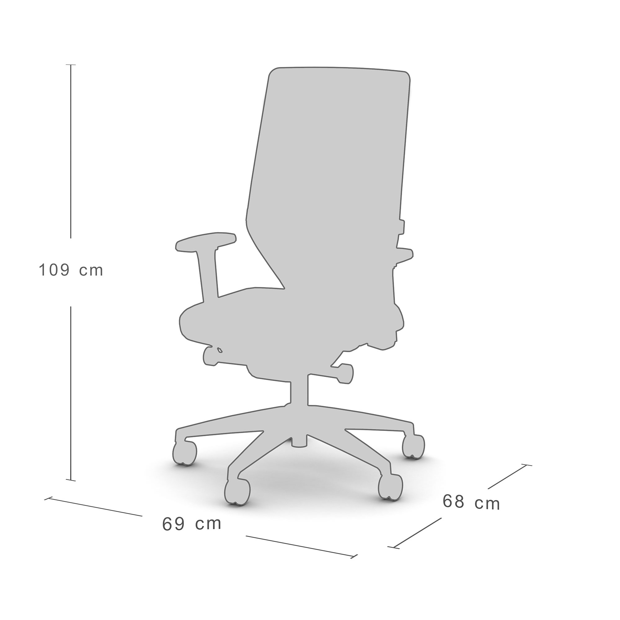 Sitzstuhl mit Maßen: Höhe 109 cm, Breite 69 cm, Tiefe 68 cm.