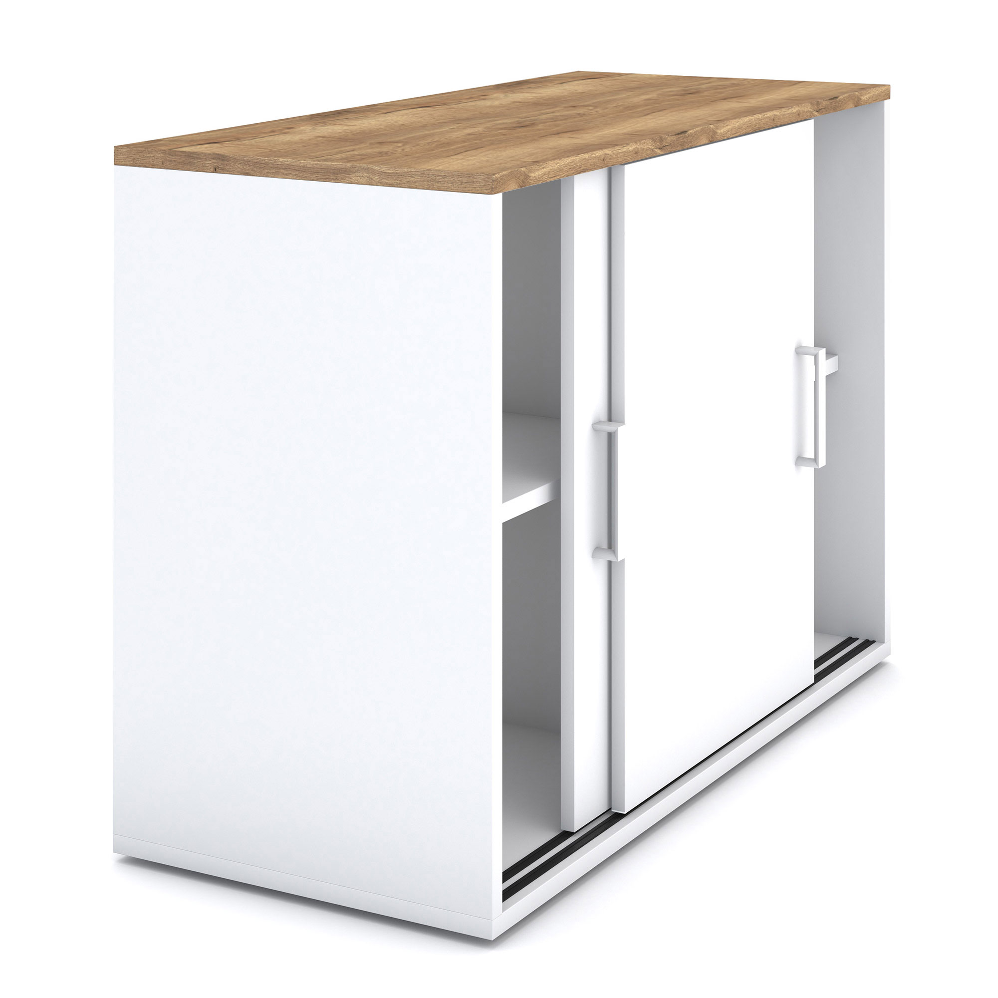 Weißer Aktenschrank mit Schiebetüren und Holzplatte im modernen Design.