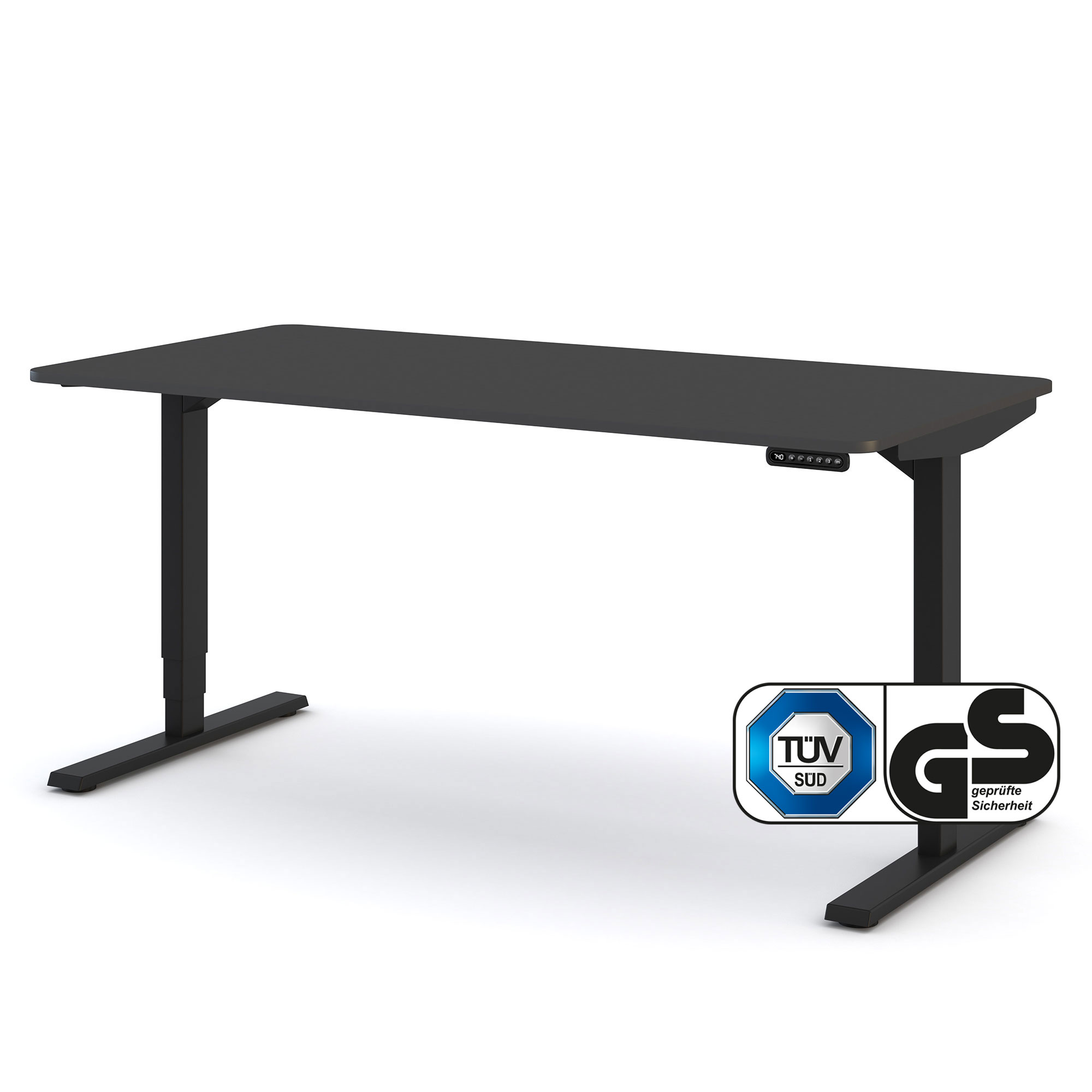 Elektrisch höhenverstellbarer Schreibtisch mit schwarzer Tischplatte und schwarzem Gestell – TÜV- und GS-zertifiziert für ergonomisches Arbeiten im Home-Office oder Büro