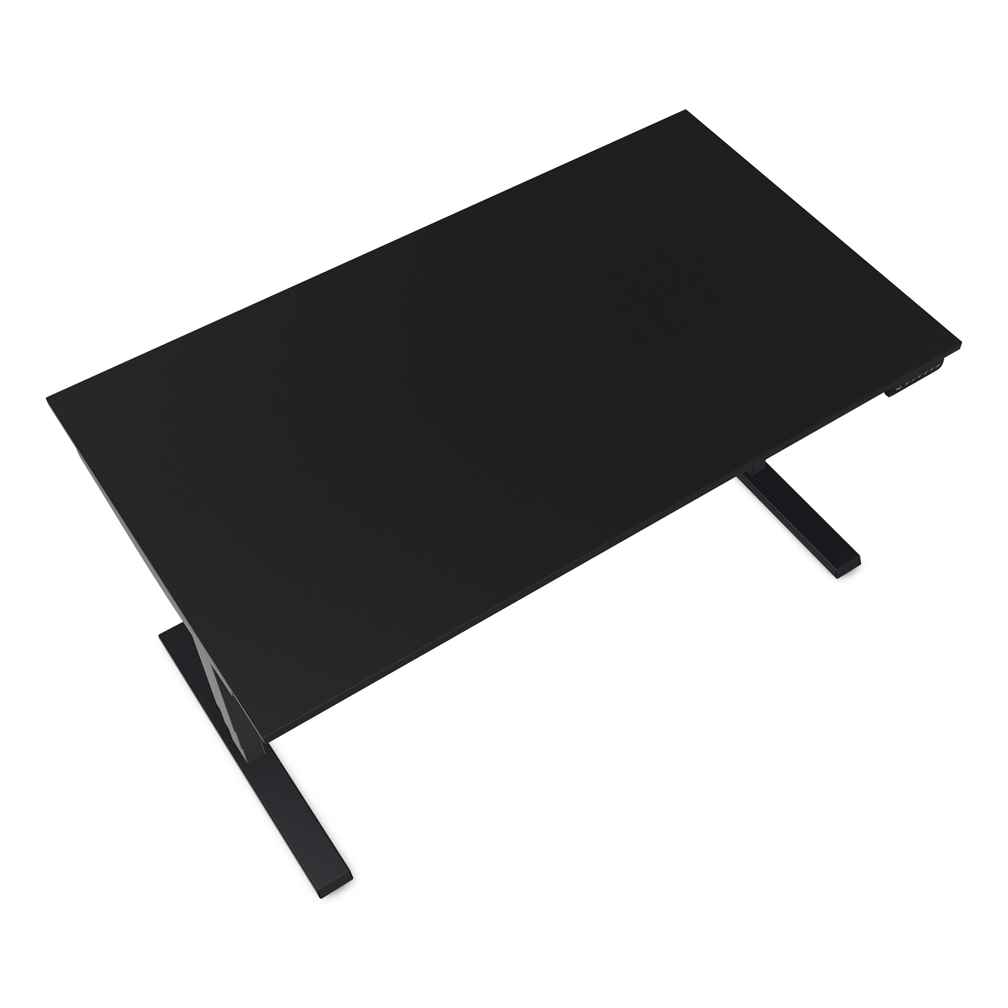 Ein schwarzer Schreibtisch mit einem modernen Design und verstellbaren Beinen.