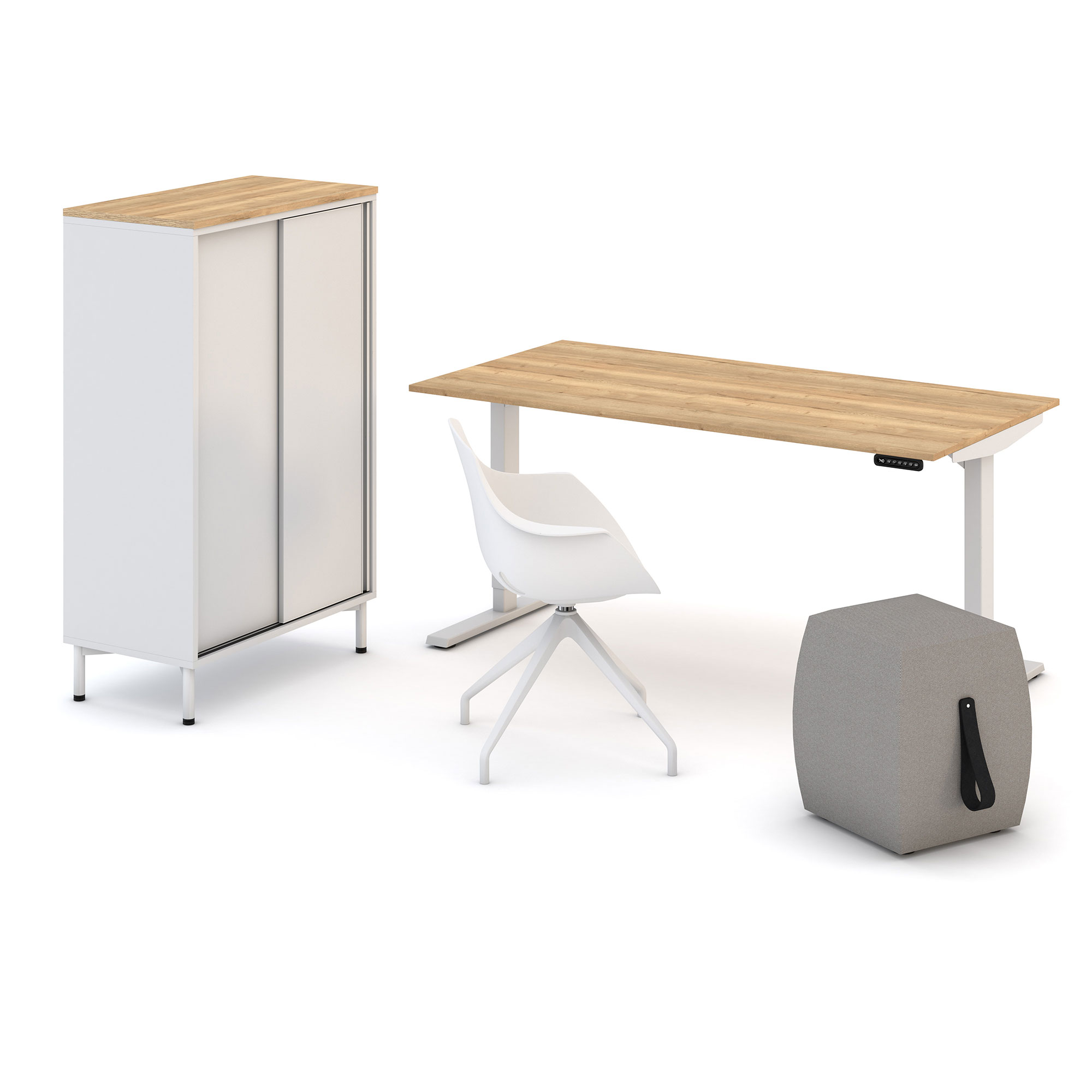 Homeoffice-Set bestehend aus Aktenschrank, höhenverstellbarem Schreibtisch, Stuhl und Hocker.