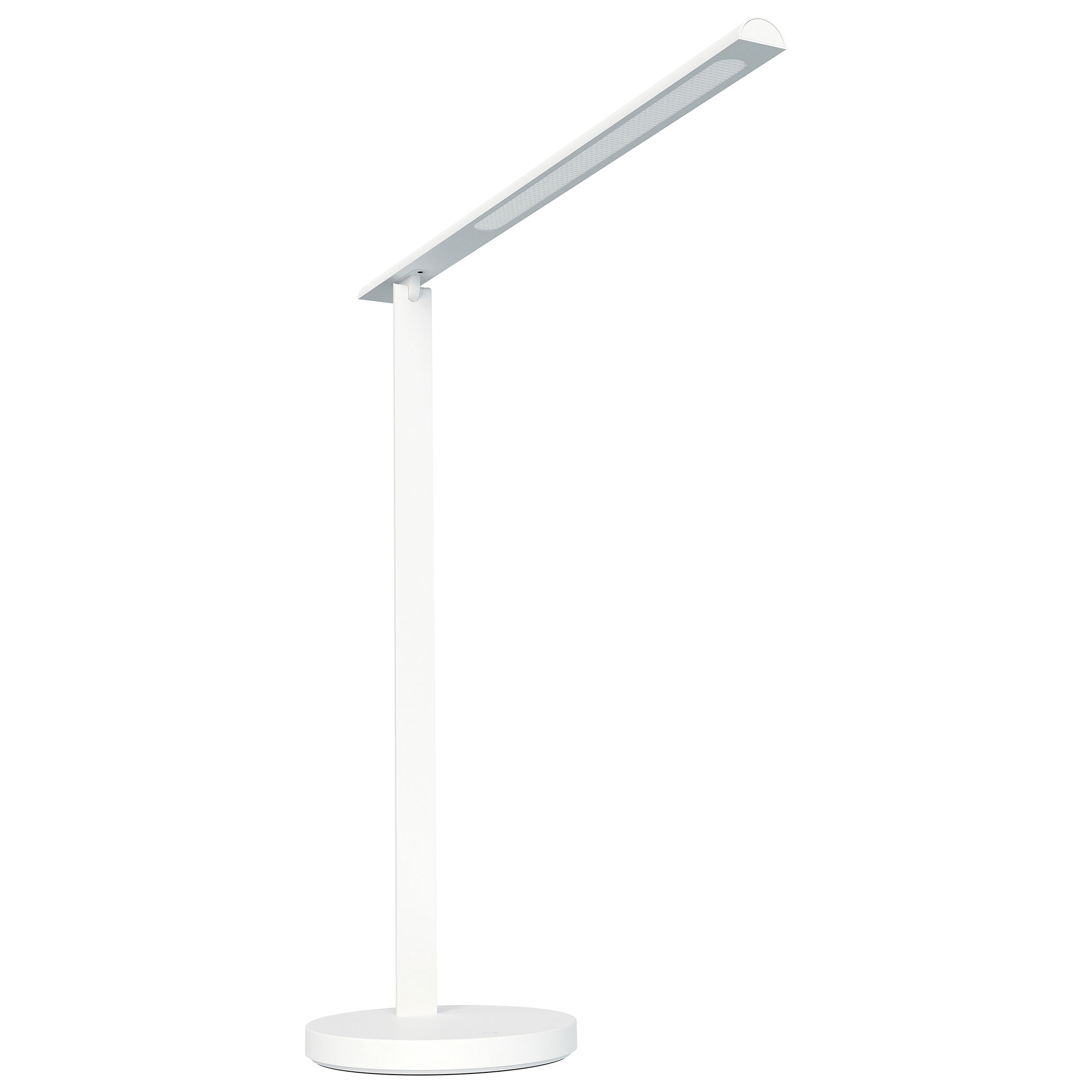 Eine moderne, weiße Tischlampe mit einem schlanken Design.