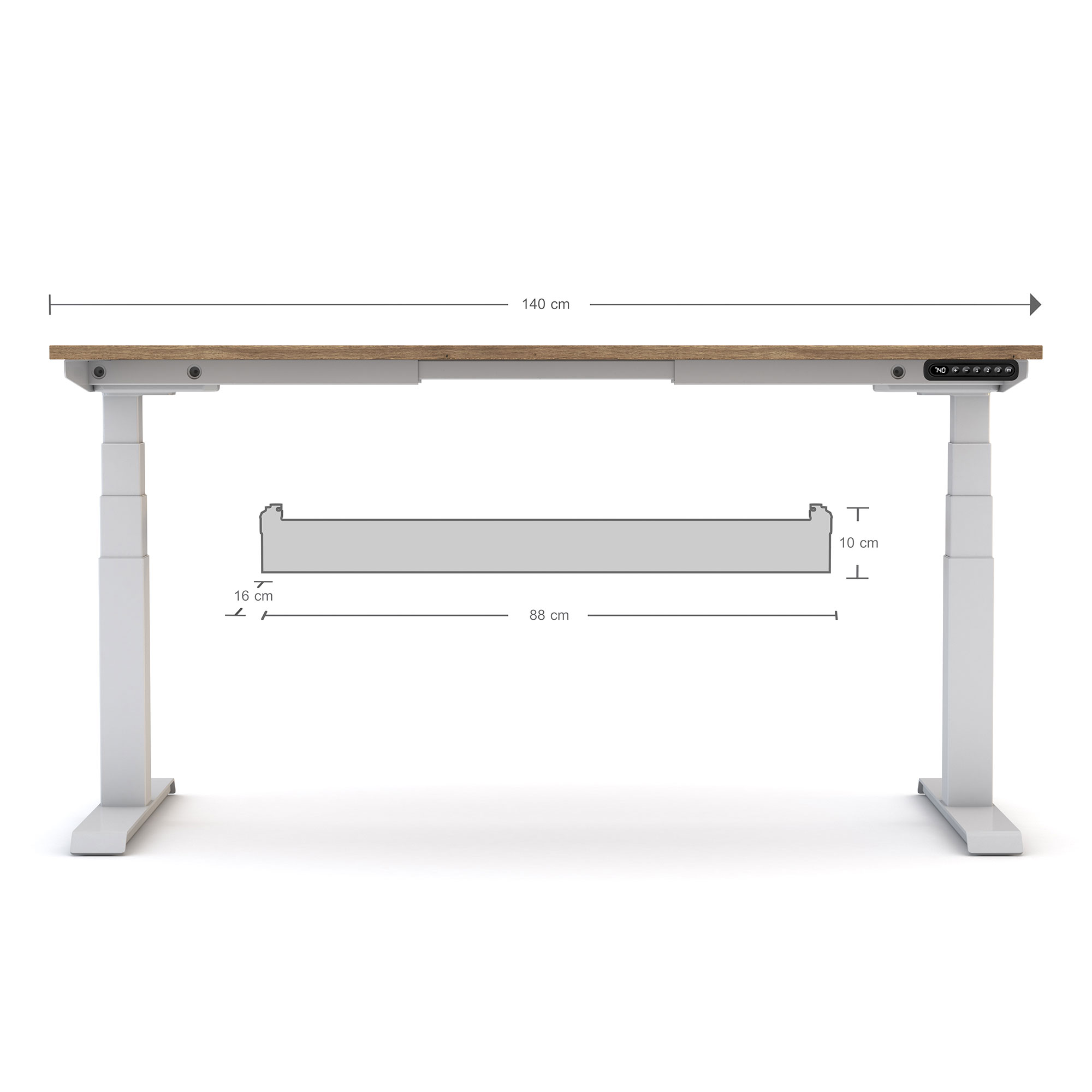 Ein höhenverstellbarer Tisch mit Maßen von 140 cm Breite, 88 cm Tiefe und 10 cm Höhe der Unterseite.