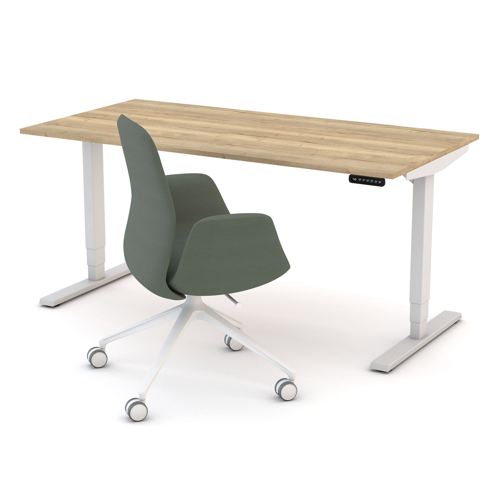 Höhenverstellbarer Schreibtisch mit Holzplatte und grünem Bürostuhl auf Rollen.