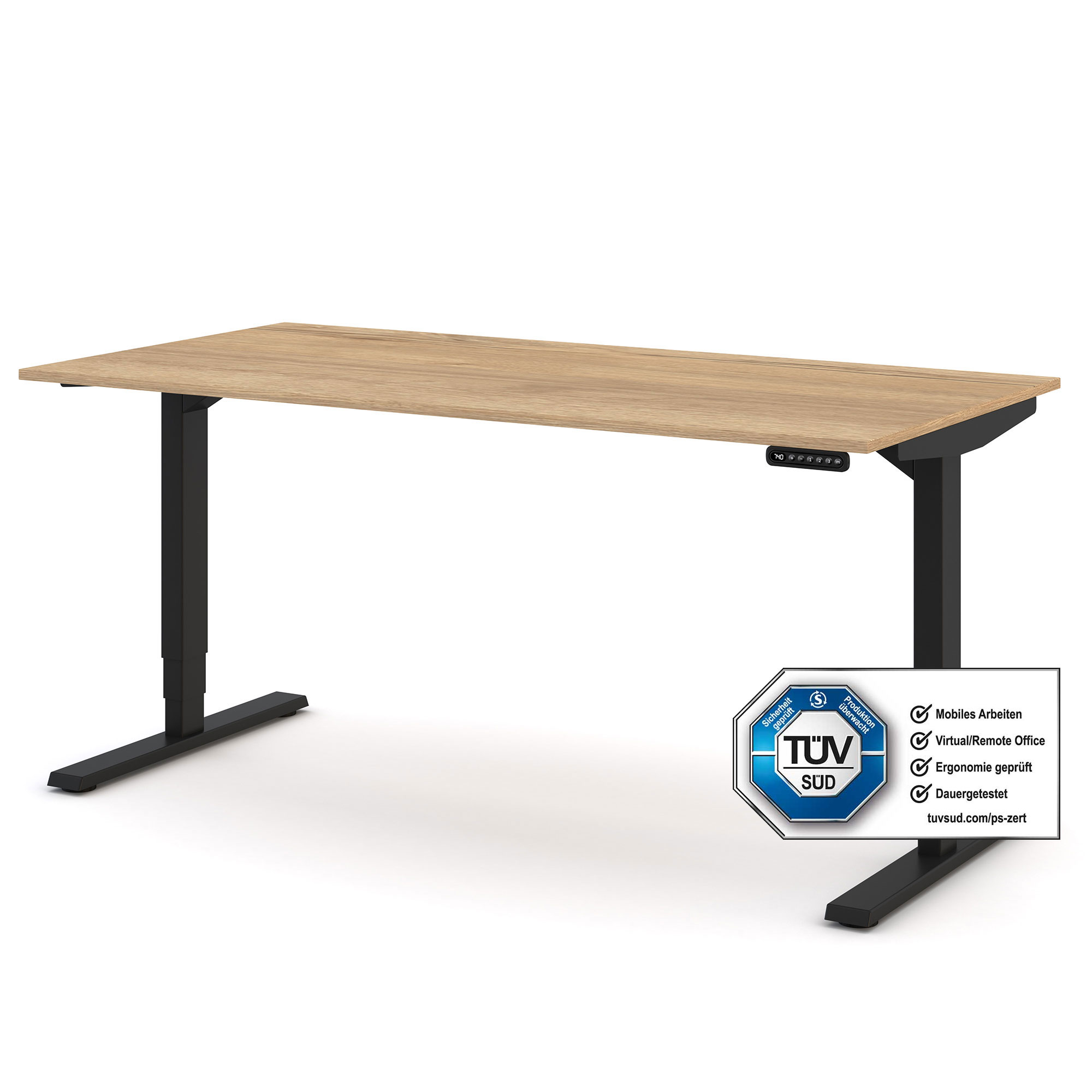 Höhenverstellbarer Schreibtisch mit Holzoptik-Tischplatte und schwarzem Gestell, TÜV-zertifiziert