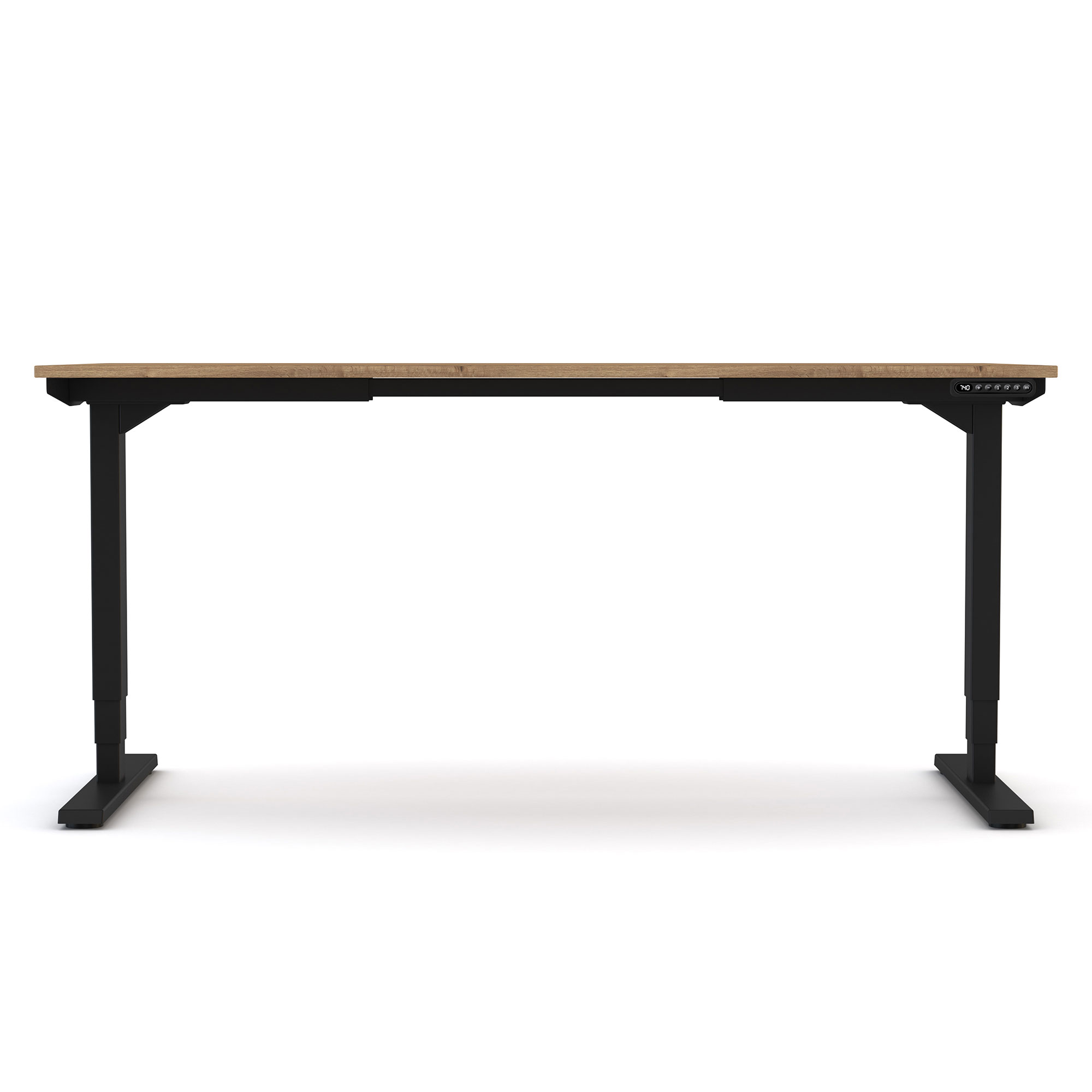 Ein höhenverstellbarer Schreibtisch mit einer Holzoberfläche und schwarzen Metallbeinen.