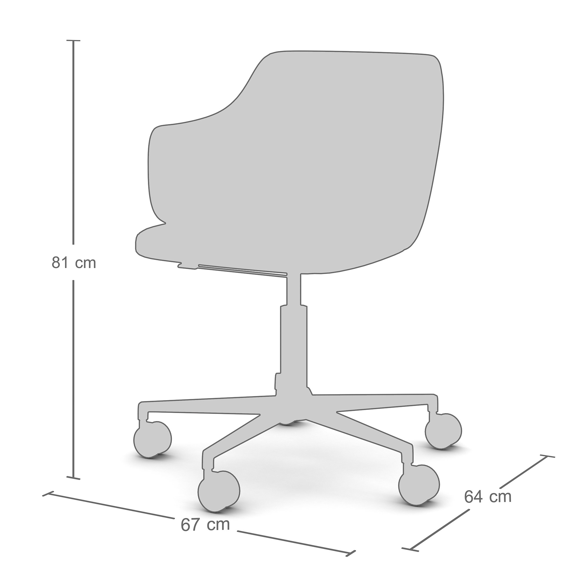 Größendarstellung eines Bürostuhls mit 81 cm Höhe, 67 cm Breite und 64 cm Tiefe.