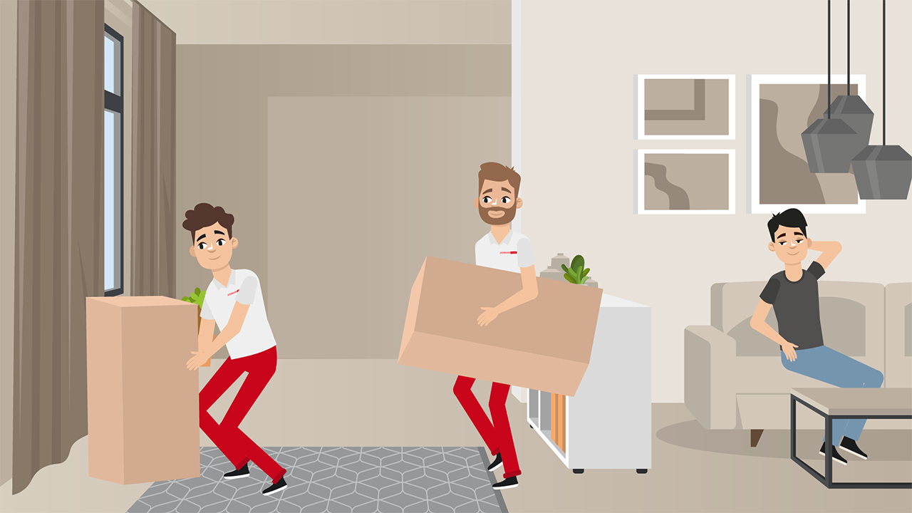 Illustration von Umzugshelfern beim Tragen von Möbeln in ein Wohnzimmer.