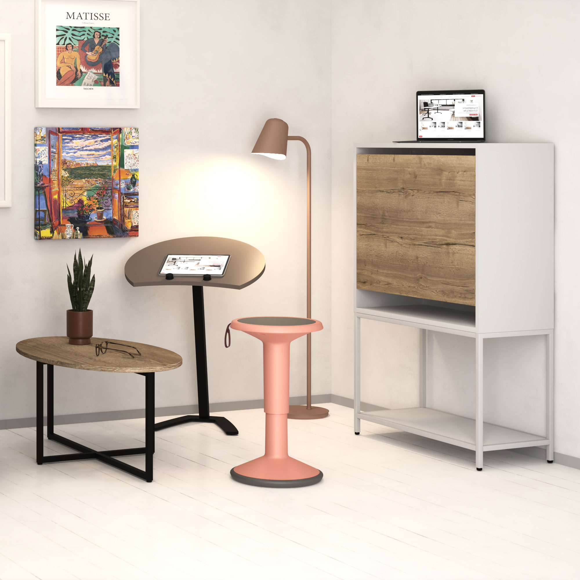 stylisches Arbeitszimmer mit runder Stehtischplatte, Hocker und Hochschrank mit Holzfront