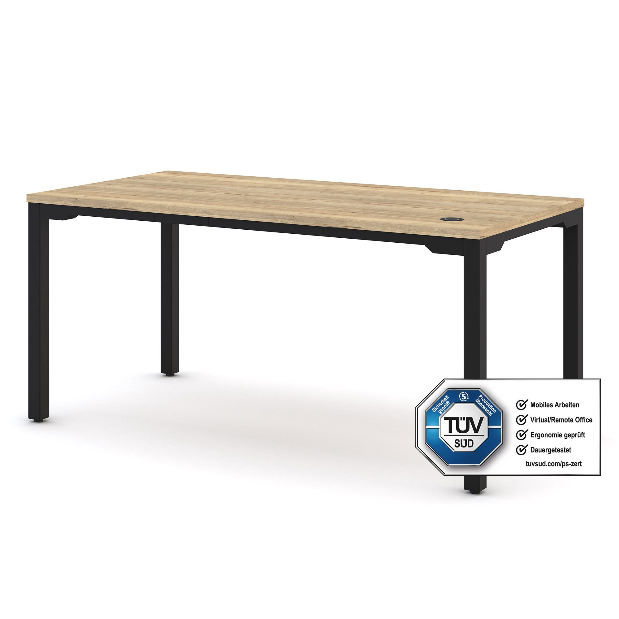 Ein Schreibtisch mit einer Holzplatte und schwarzen Metallbeinen, versehen mit einem TÜV-Siegel für ergonomisches und mobiles Arbeiten.