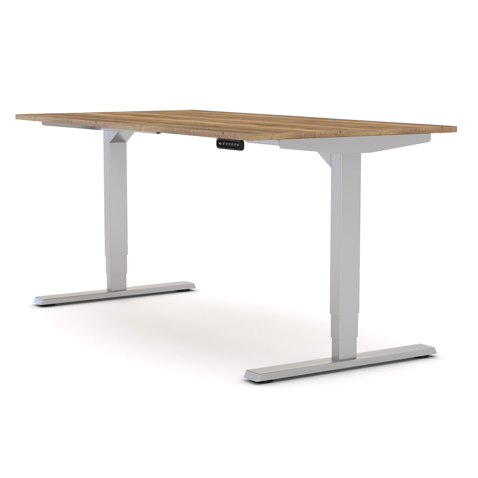 Ein verstellbarer Schreibtisch mit einer Holzplatte und silbernen Metallbeinen.