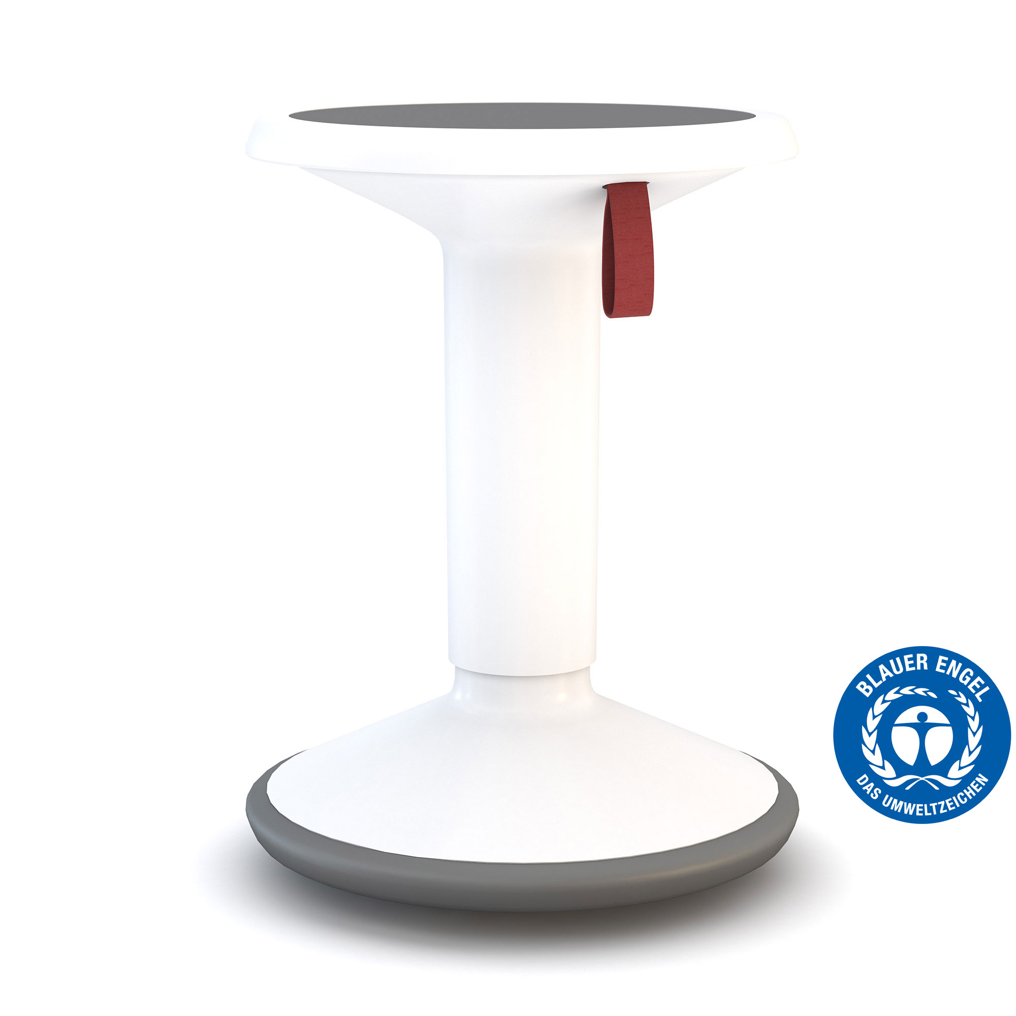 Weißer ergonomischer Hocker mit grauer Sitzfläche und rotem Tragegriff, ausgezeichnet mit dem Blauen Engel.