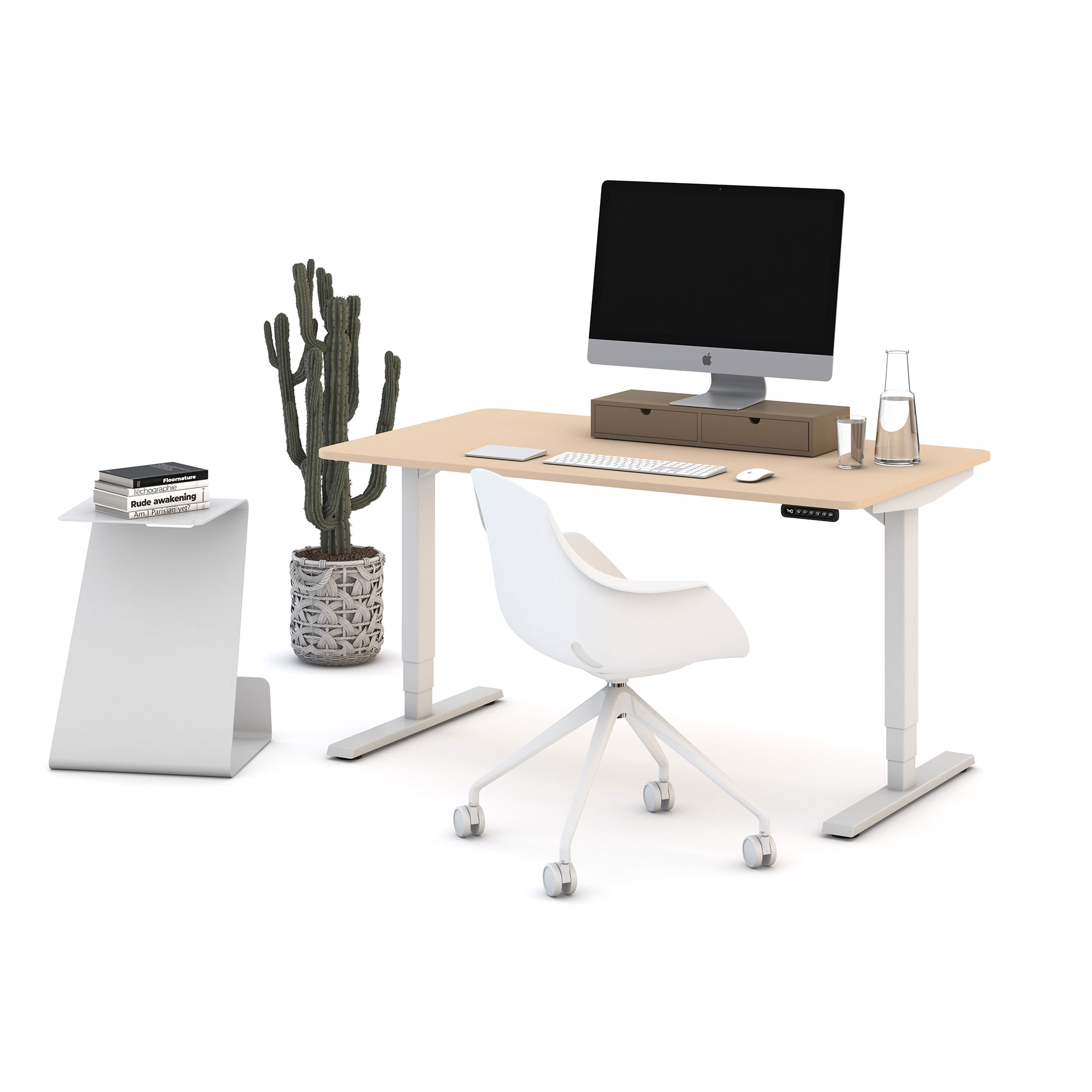 Modernes Homeoffice mit höhenverstellbarem Schreibtisch und weißem Drehstuhl