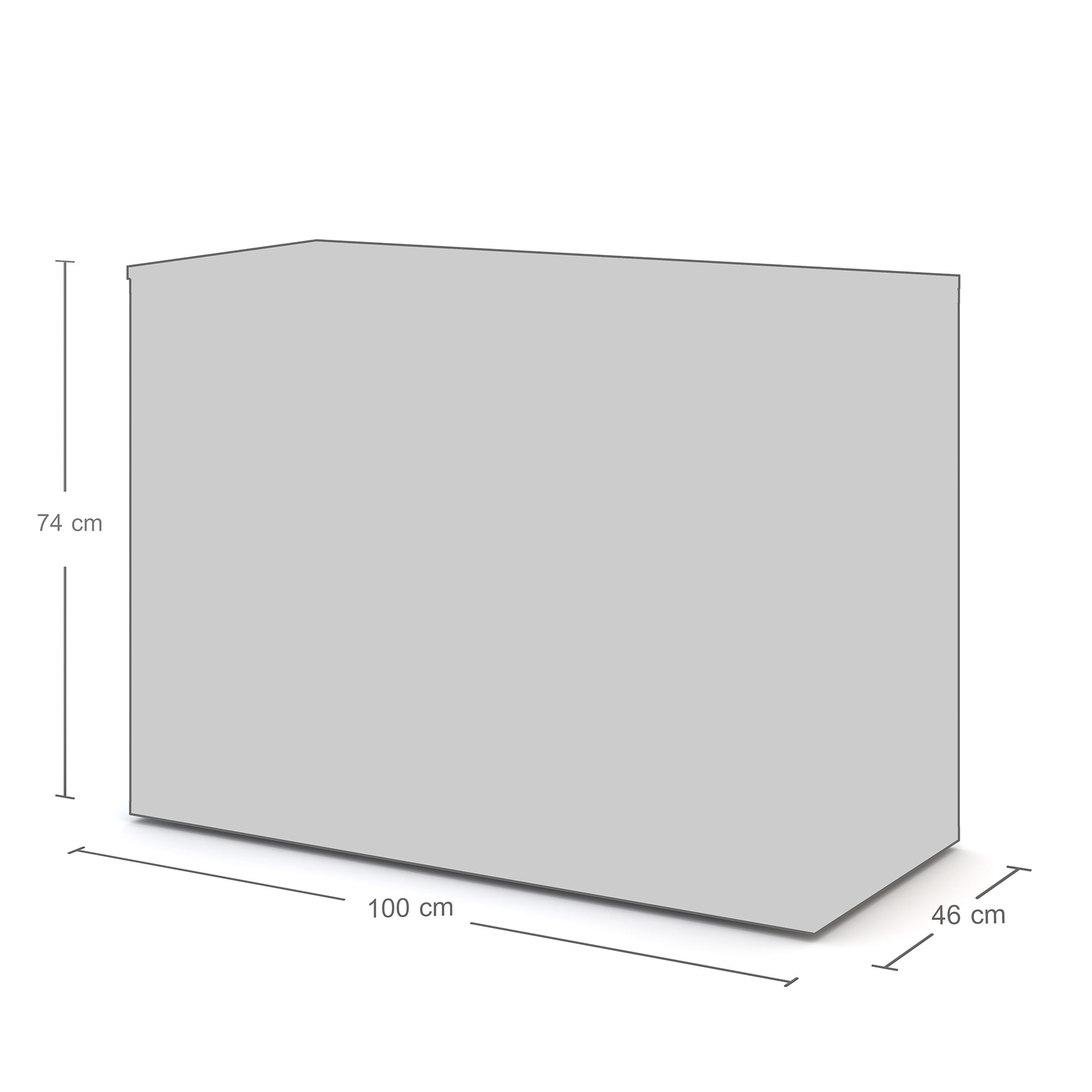 Skizze mit Maßen von einem Sideboard: 100 cm breit, 46 cm tief, 74 cm hoch.