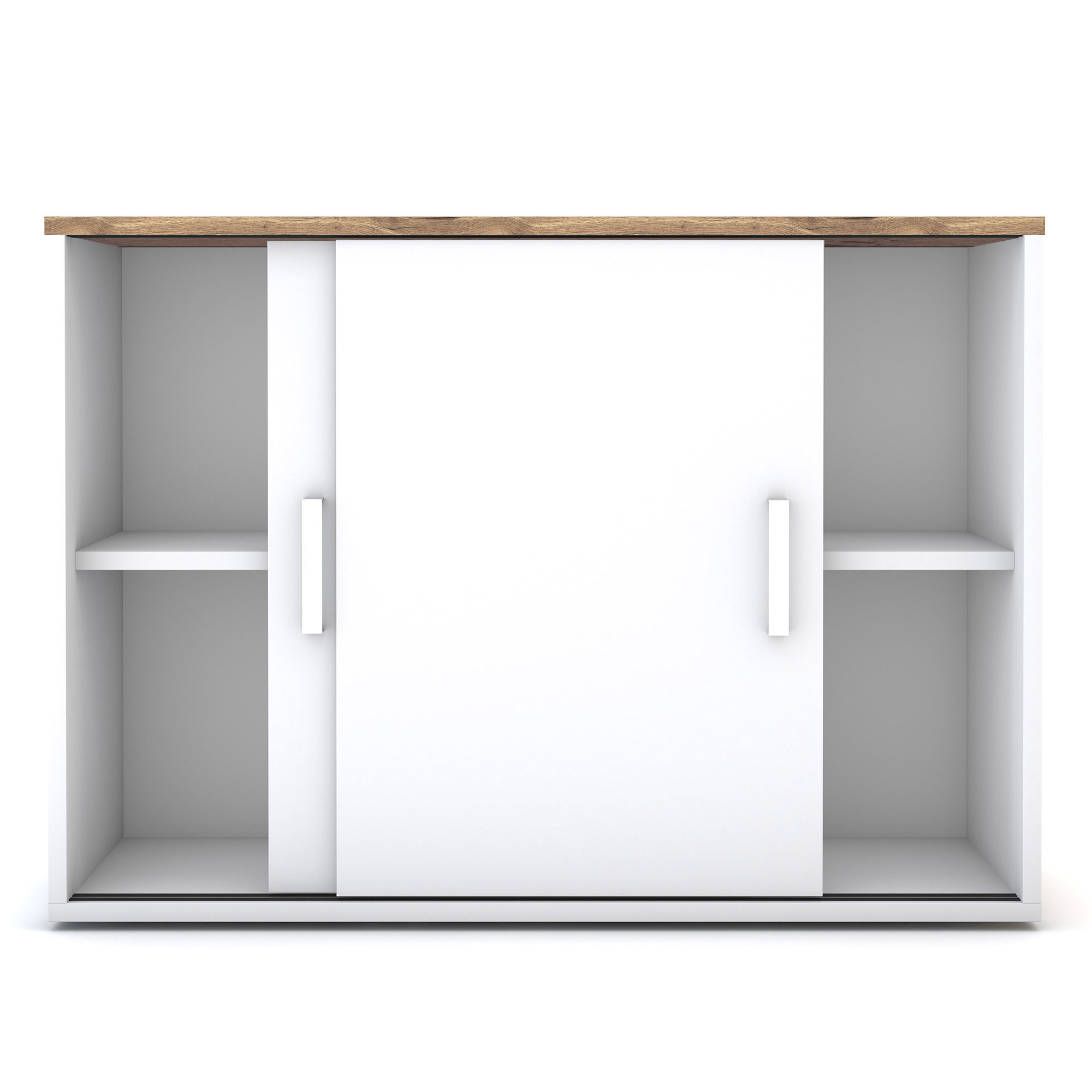 Ein moderner weißer Schrank mit Holzoberfläche und Schiebetüren.