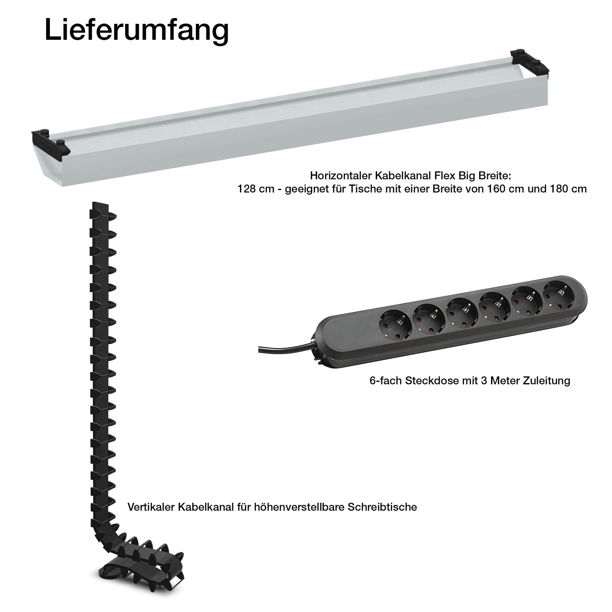 Horizontaler Kabelkanal Flex-big + Vertikale Kabelführung + 6-fach Steckdose