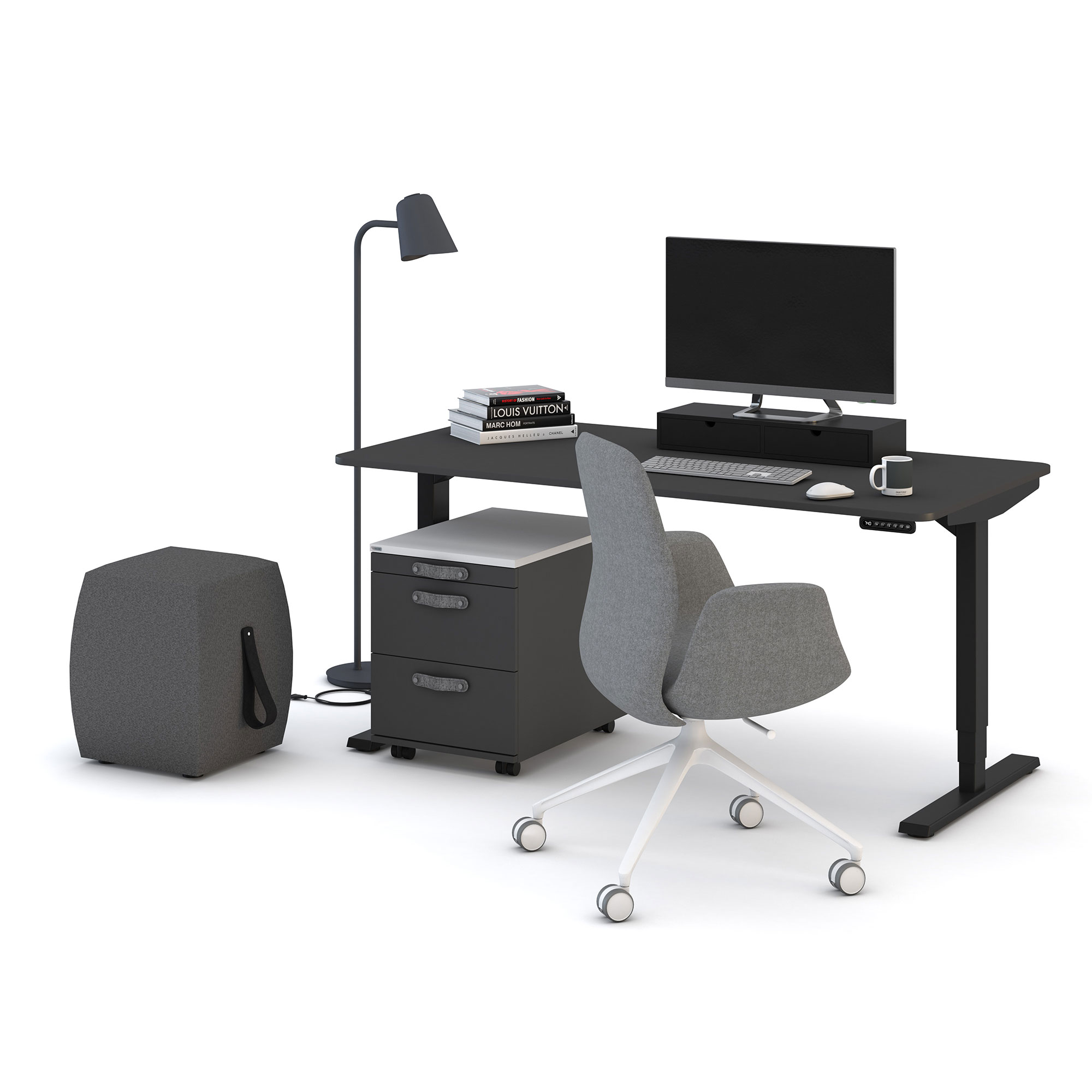 Modern eingerichteter Arbeitsplatz mit schwarzem Schreibtisch, grauem Drehstuhl und Monitor
