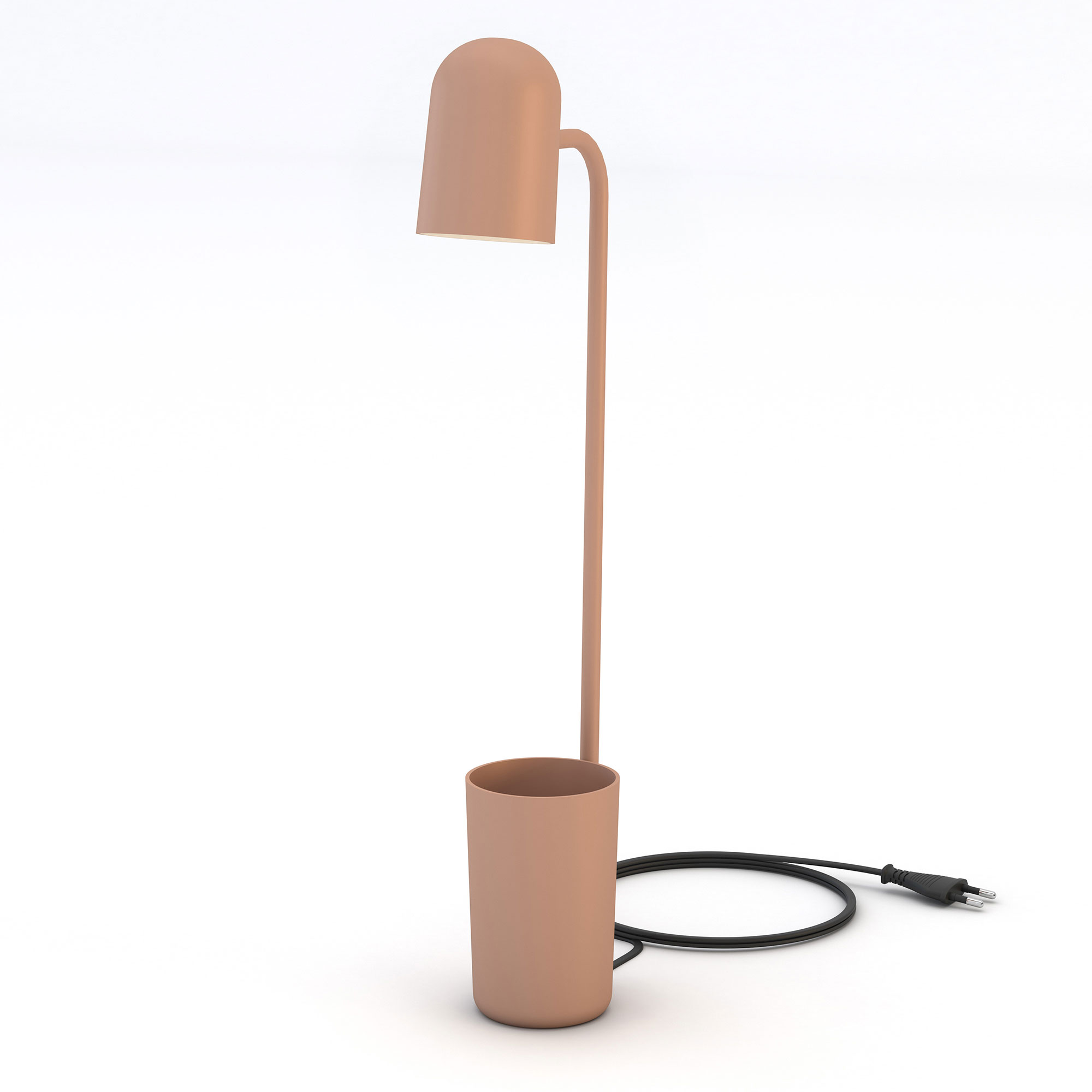 Minimalistische Stehleuchte in Beige mit schmalem Stab und rundem Lampenschirm.
