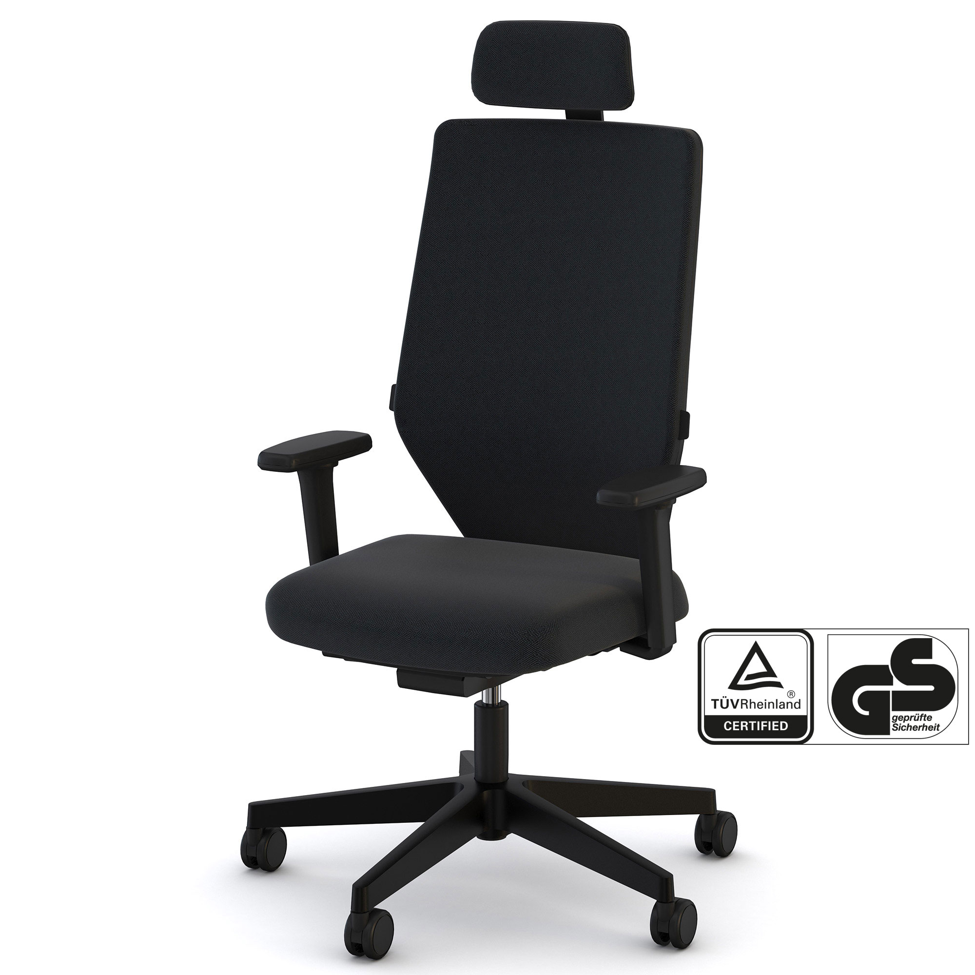 Schwarzer ergonomischer Bürostuhl mit hoher Rückenlehne und Kopfstütze, TÜV- und GS-zertifiziert