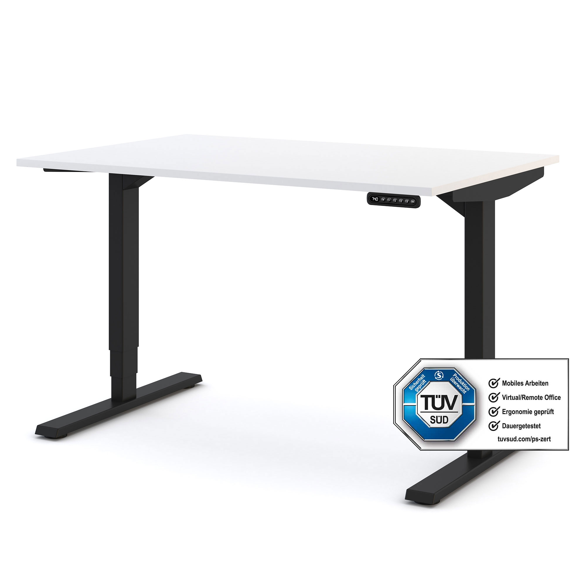 Ein ergonomischer Schreibtisch mit schwarzem Gestell und weißer Tischplatte, ausgestattet mit einem Höhenverstellmechanismus und einem TÜV-Siegel.