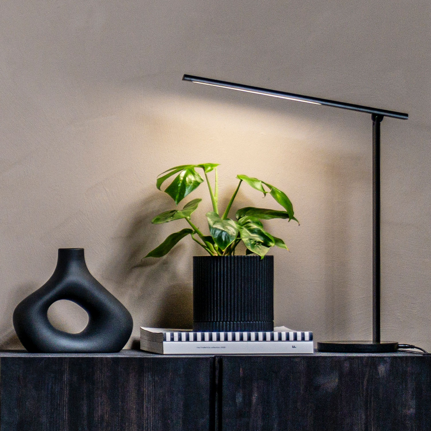 Eine moderne Tischlampe, ein schwarzer Pflanzentopf mit einer Pflanze, eine dekorative schwarze Vase und ein Stapel Bücher auf einem Sideboard.