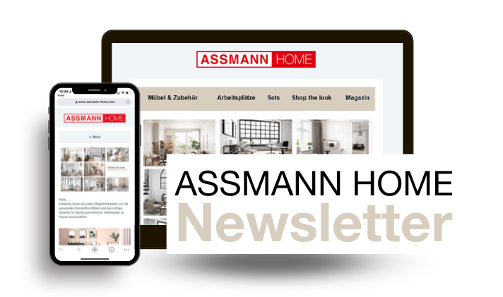Eine mobile und eine Desktop-Ansicht der ASSMANN HOME Webseite mit dem Hinweis auf den Newsletter.