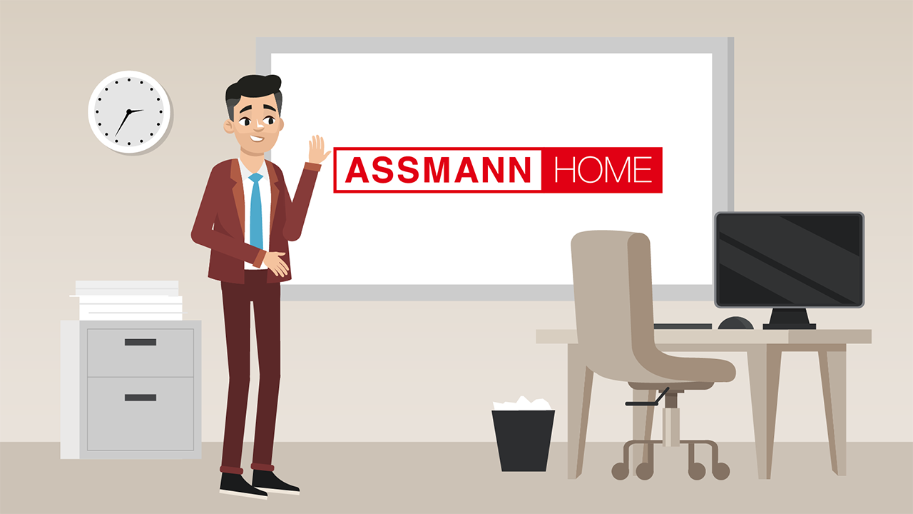 Grafische Darstellung eines Büros mit ASSMANN HOME Logo, Cartoon-Mitarbeiter und Schreibtisch.