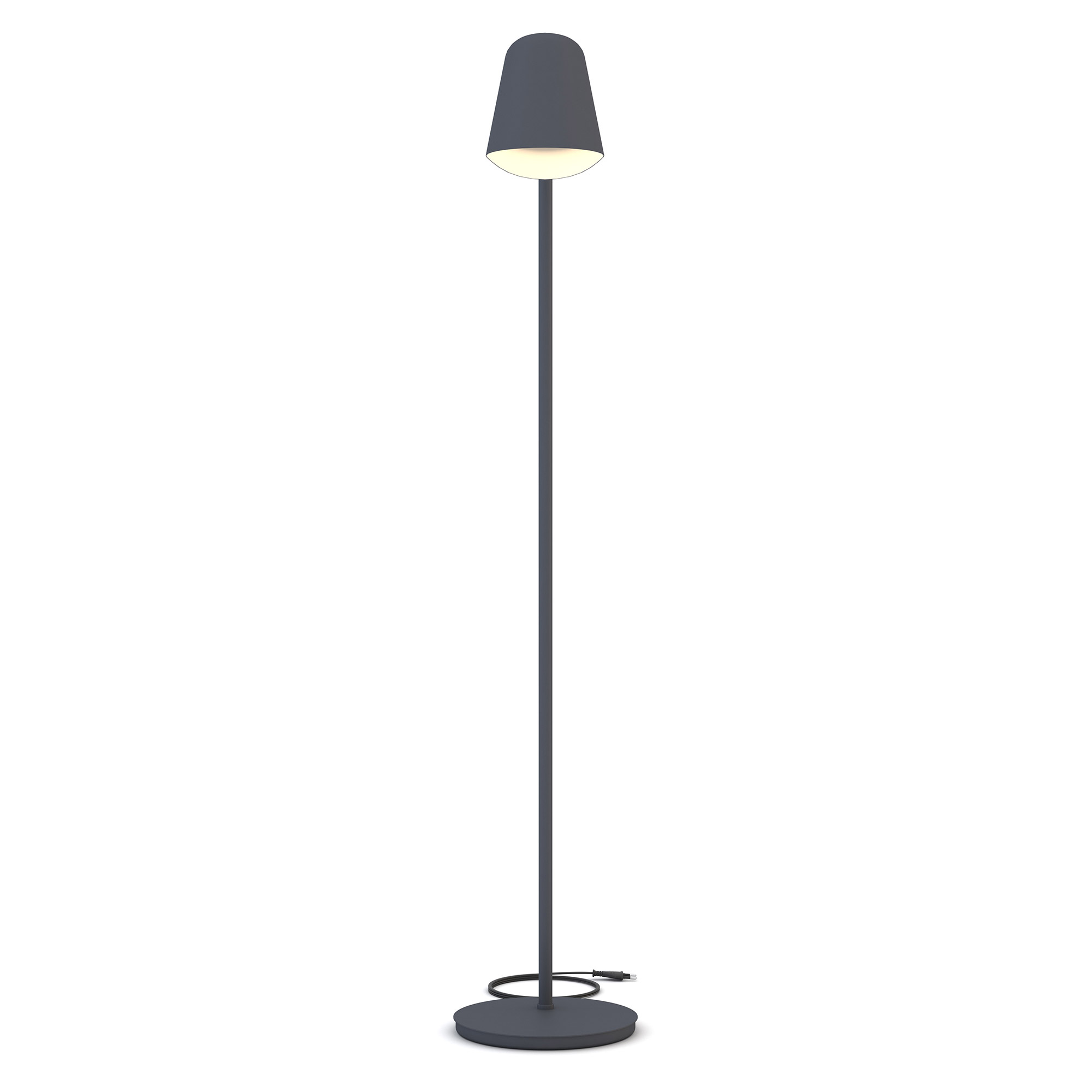 Schlichte schwarze Stehleuchte mit rundem Sockel und konischer Lampenschirmform.