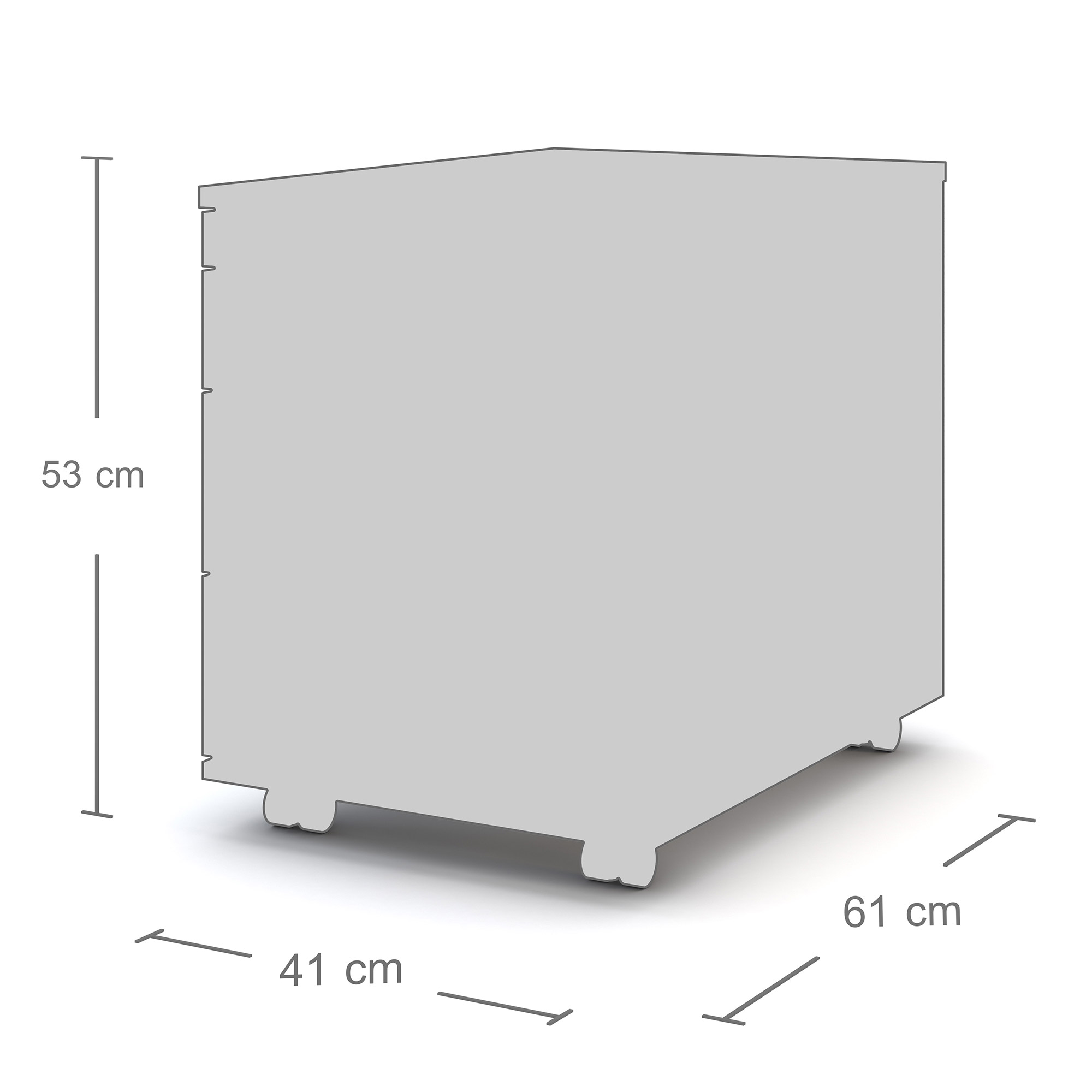 Ein grauer Kasten mit den Maßen 53 cm (Höhe), 41 cm (Breite) und 61 cm (Tiefe).