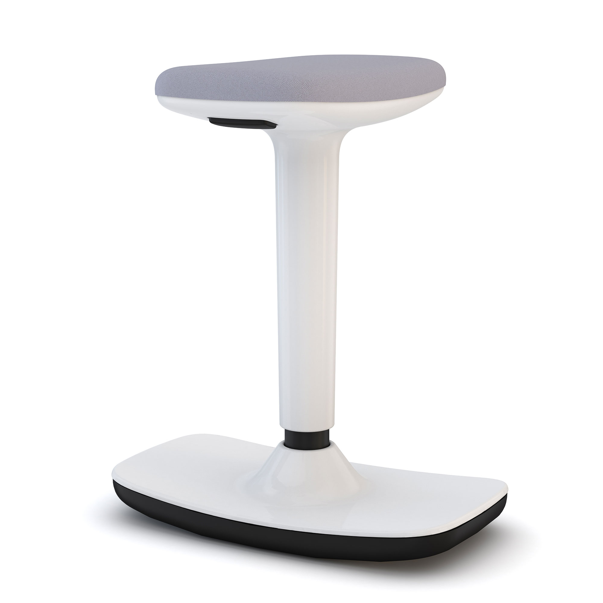 Hocker mit weißem Gestell, schwarzem Fuß und grauer Sitzfläche.