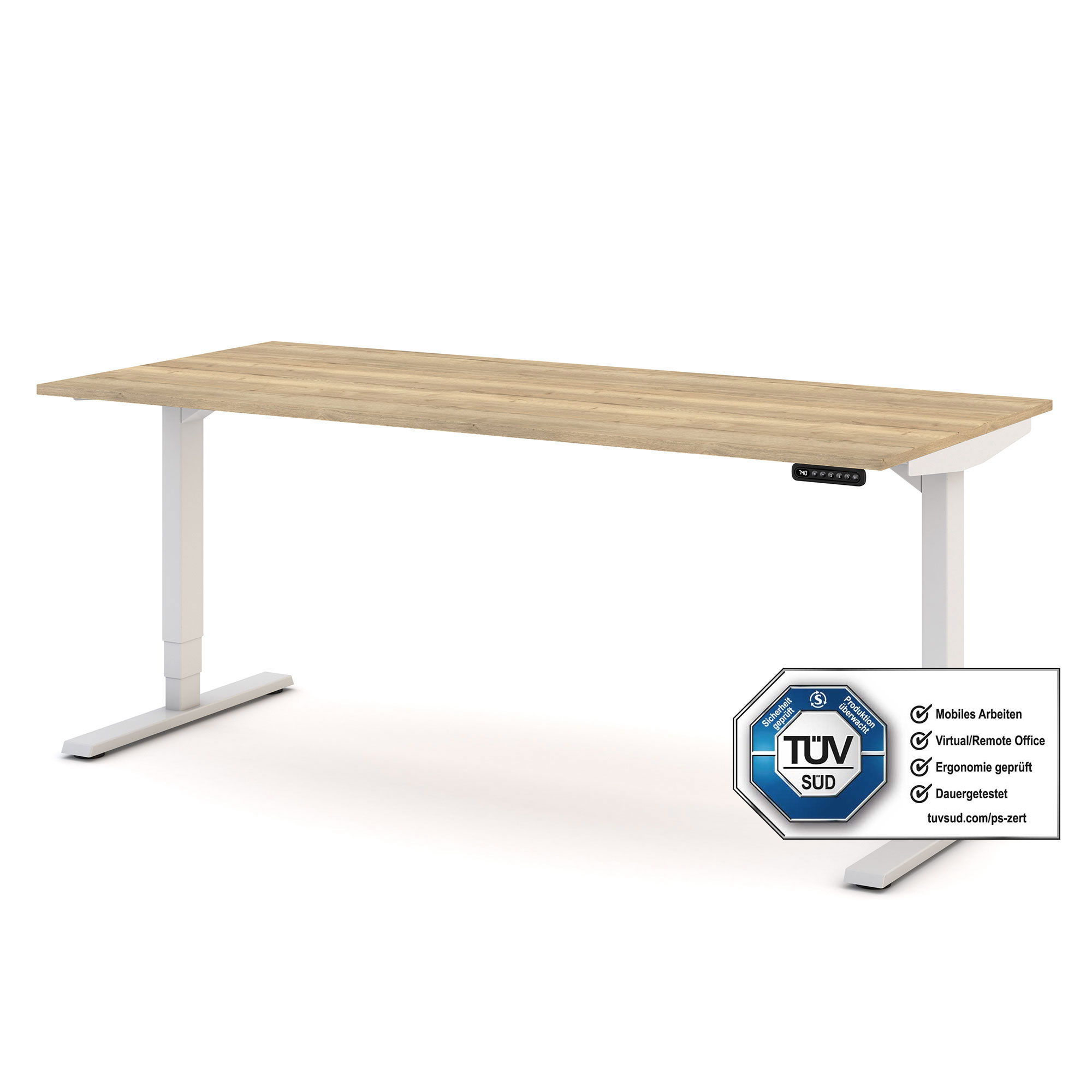Ein ergonomischer Schreibtisch mit Holzoberfläche und verstellbarem weißen Gestell. Neben dem Tisch befindet sich ein TÜV-Siegel für mobiles Arbeiten.