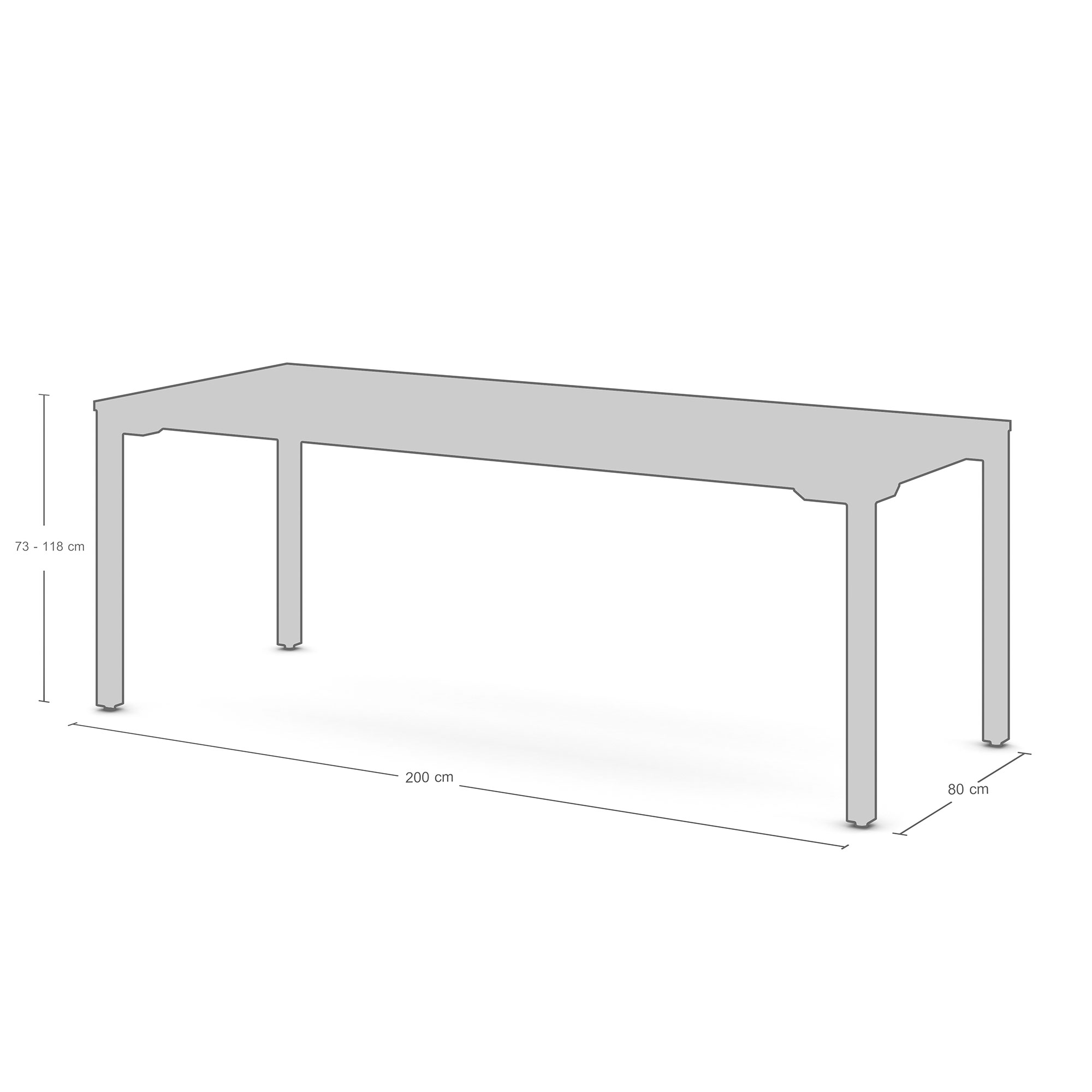 Technische Skizze eines höhenverstellbaren Tisches mit den Maßen 200 x 80 cm und Höhenangabe 73–118 cm.