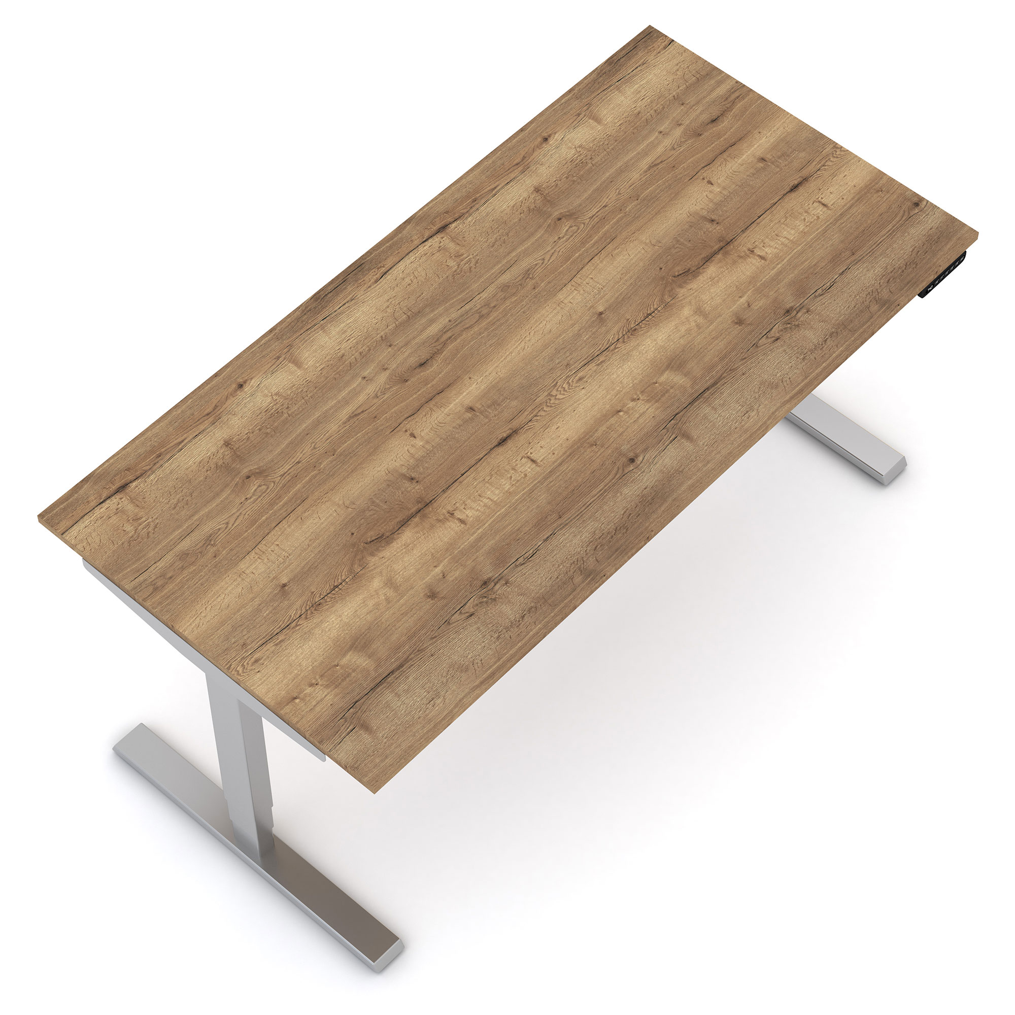 Schreibtischplatte mit Holzoptik in Vogelperspektive.