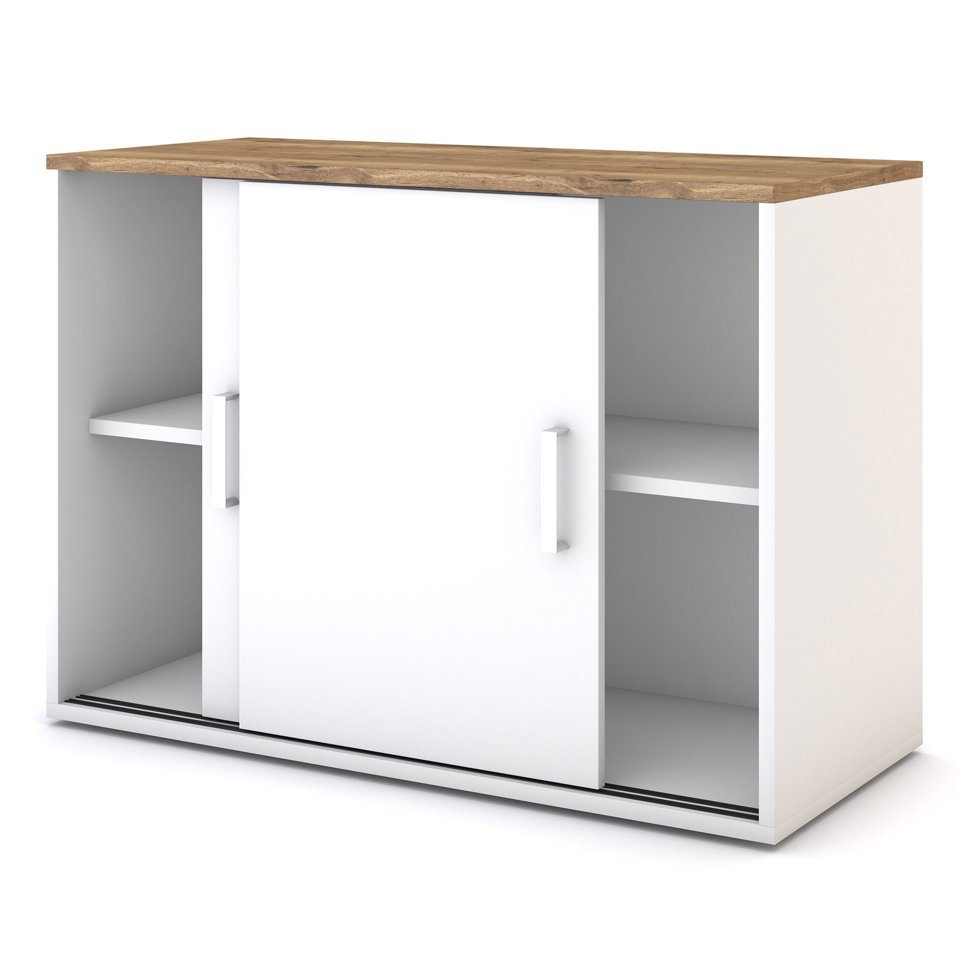 Weißer Büroschrank mit Schiebetür und Holzdeckplatte auf weißem Hintergrund.