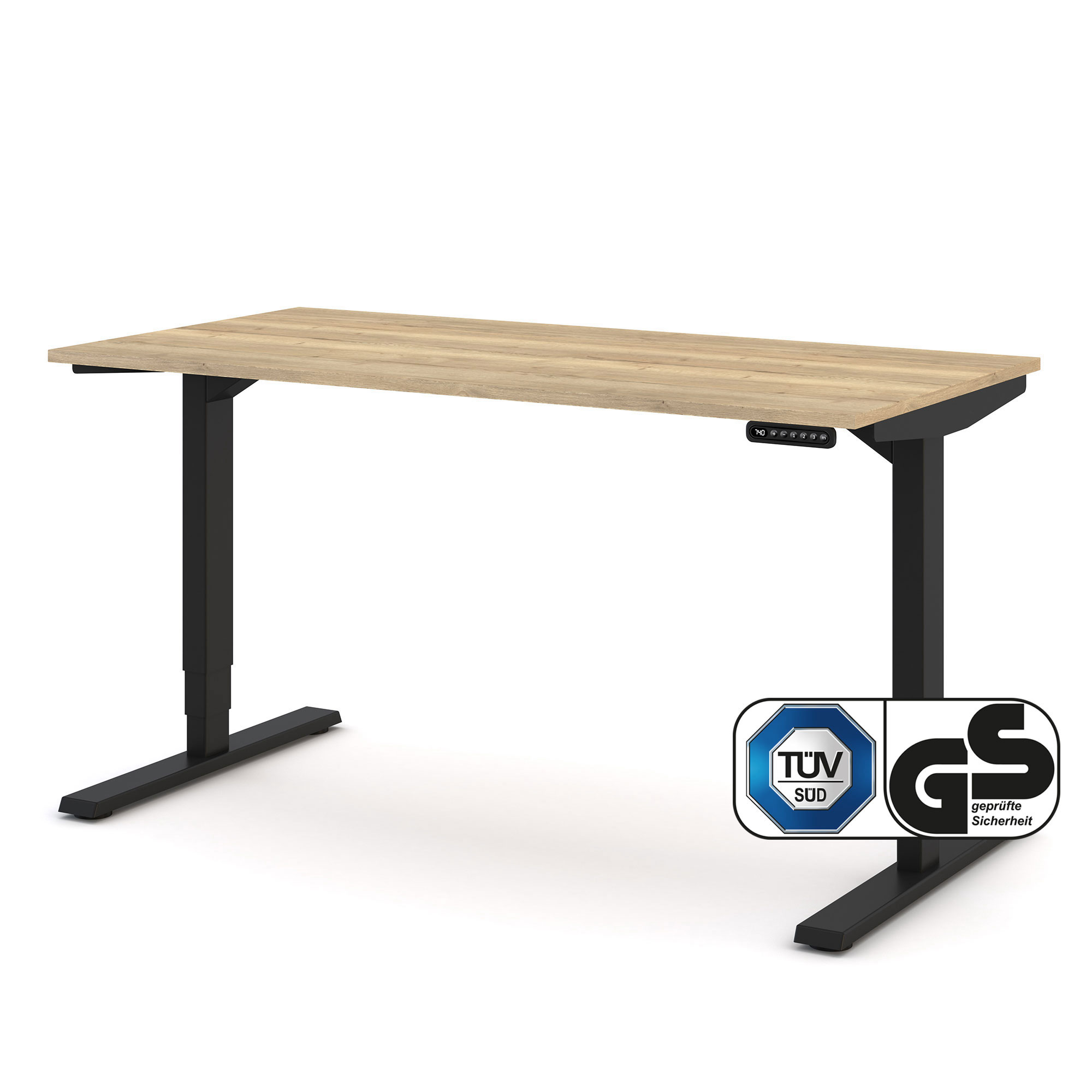 Ein höhenverstellbarer Schreibtisch mit Holzplatte und schwarzem Gestell, ausgestattet mit TÜV- und GS-Sicherheitssiegel.