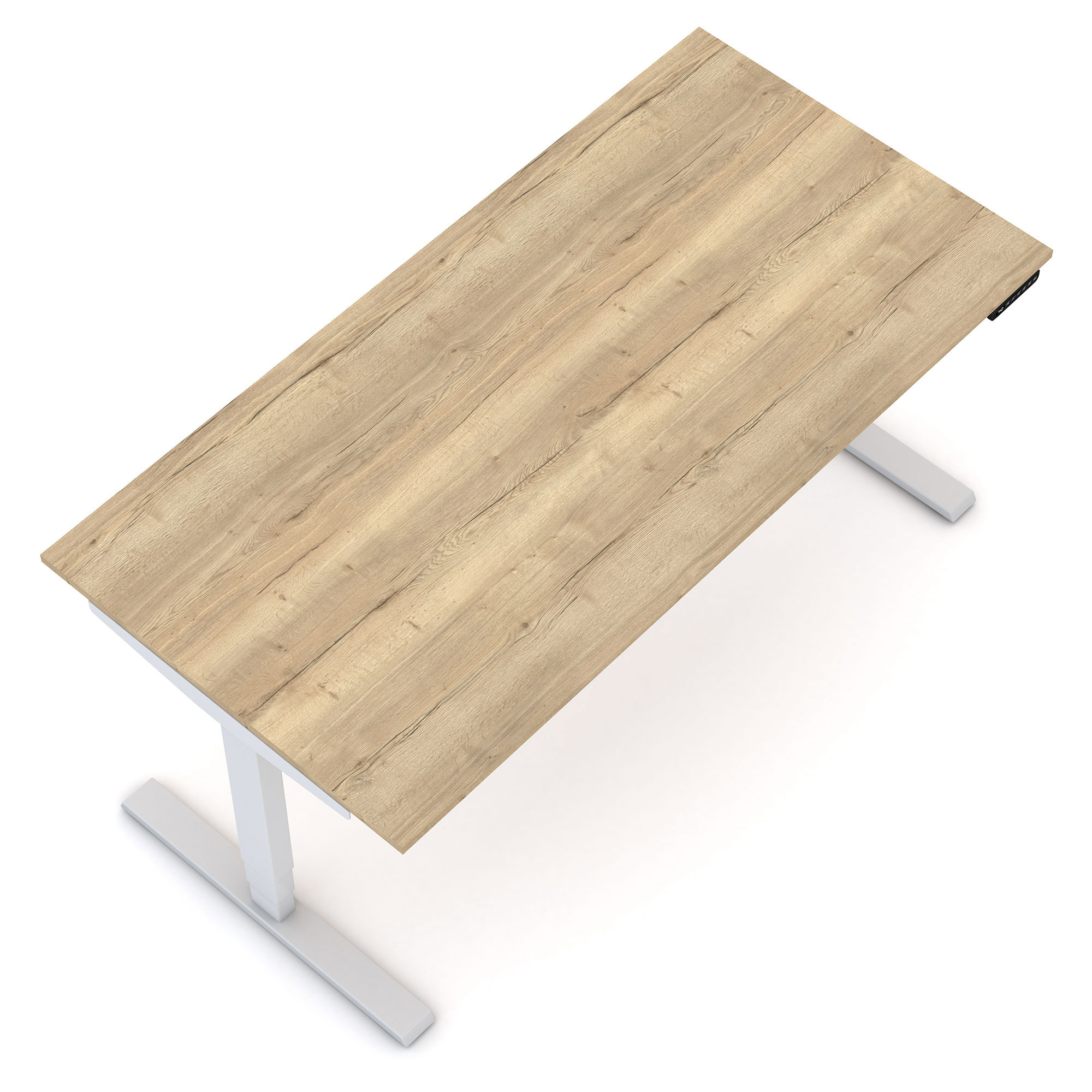Ein Holztisch mit einem weißen Gestell.