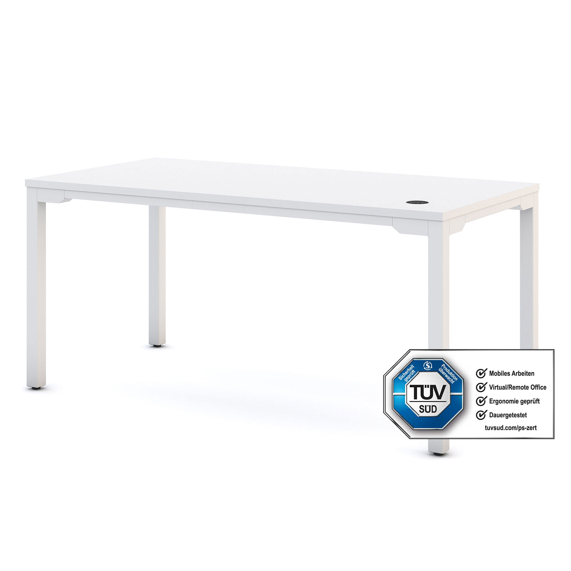 Rechteckiger Schreibtisch mit weißer Platte, vier Beinen und TÜV SÜD Zertifikat für ergonomisches Arbeiten.