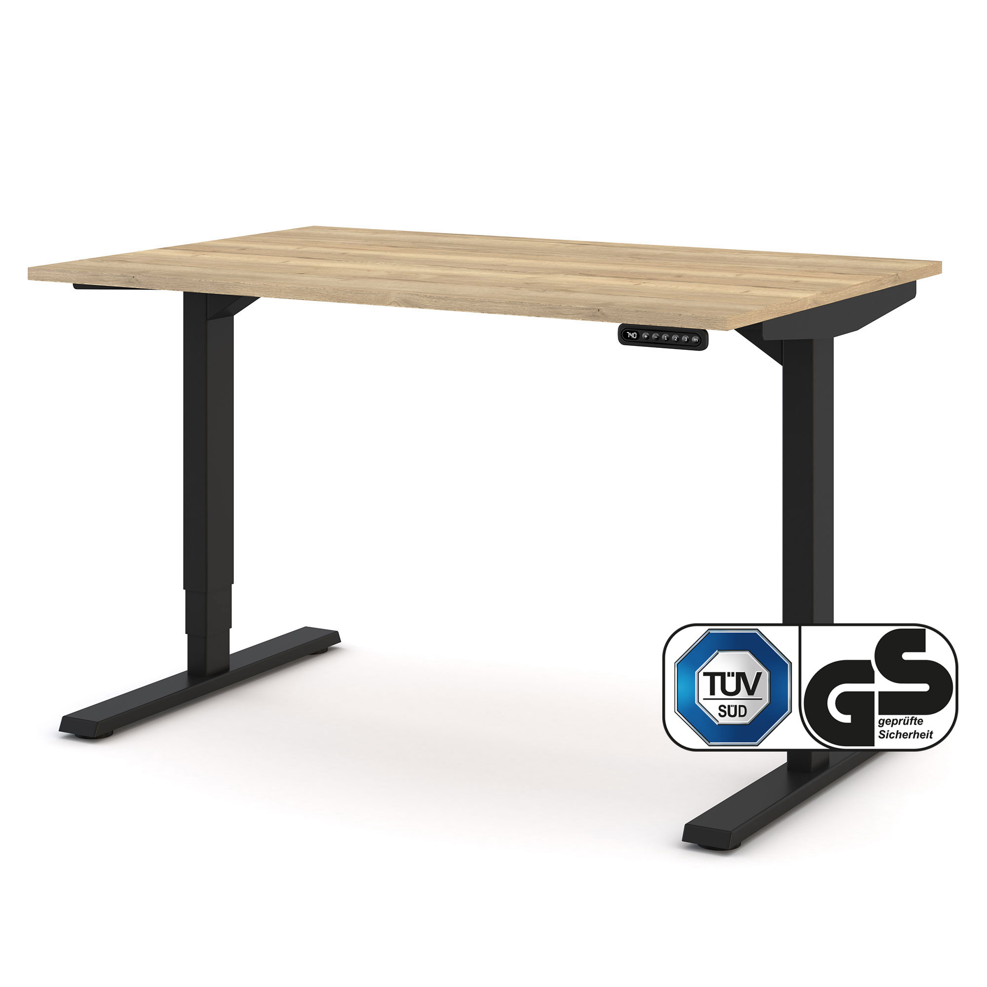 Höhenverstellbarer Schreibtisch mit schwarzem Gestell und TÜV SÜD und GS Prüfsiegel.