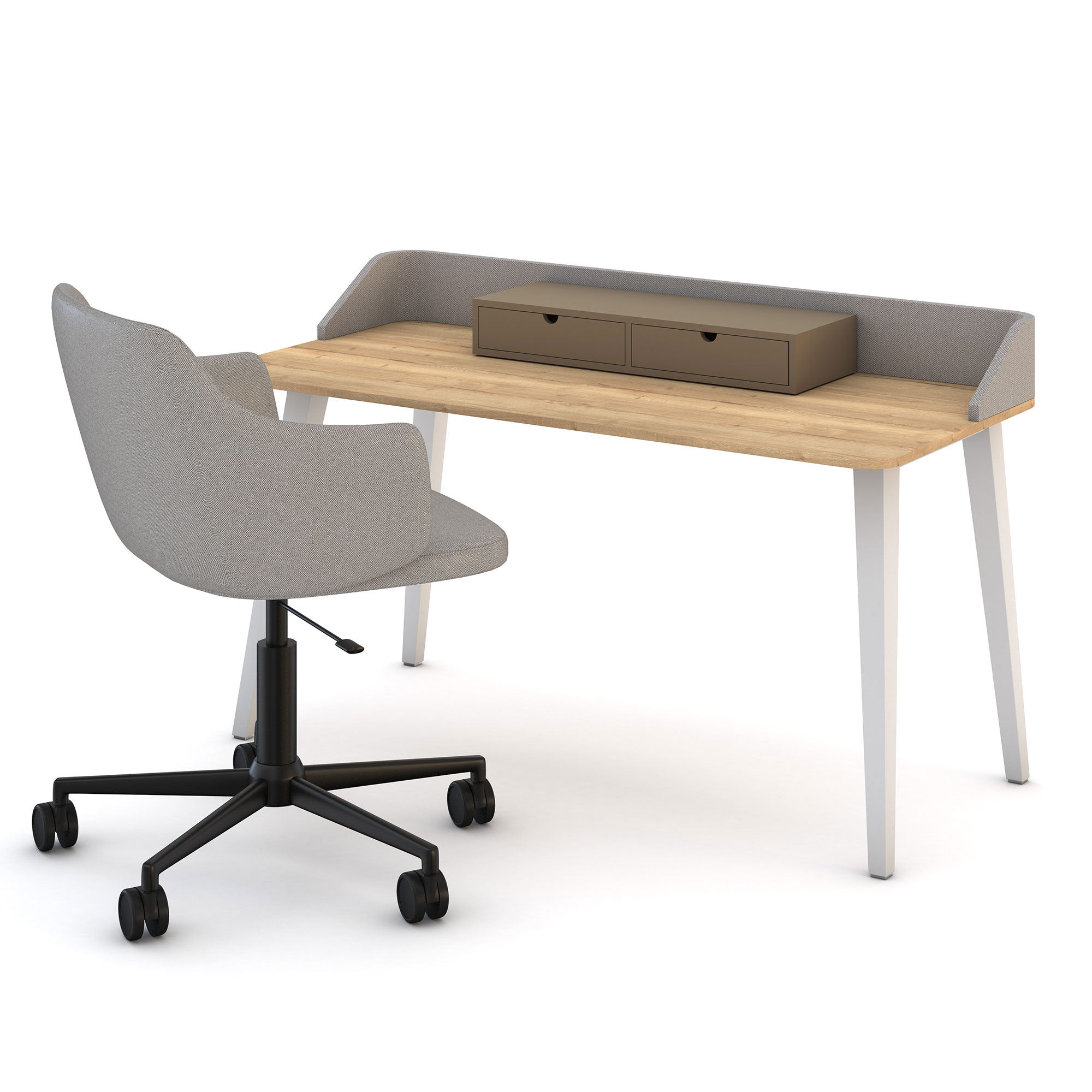 Homeoffice-Set mit Schreibtisch, Aufsatz, grauem Stuhl und Aufbewahrungsbox
