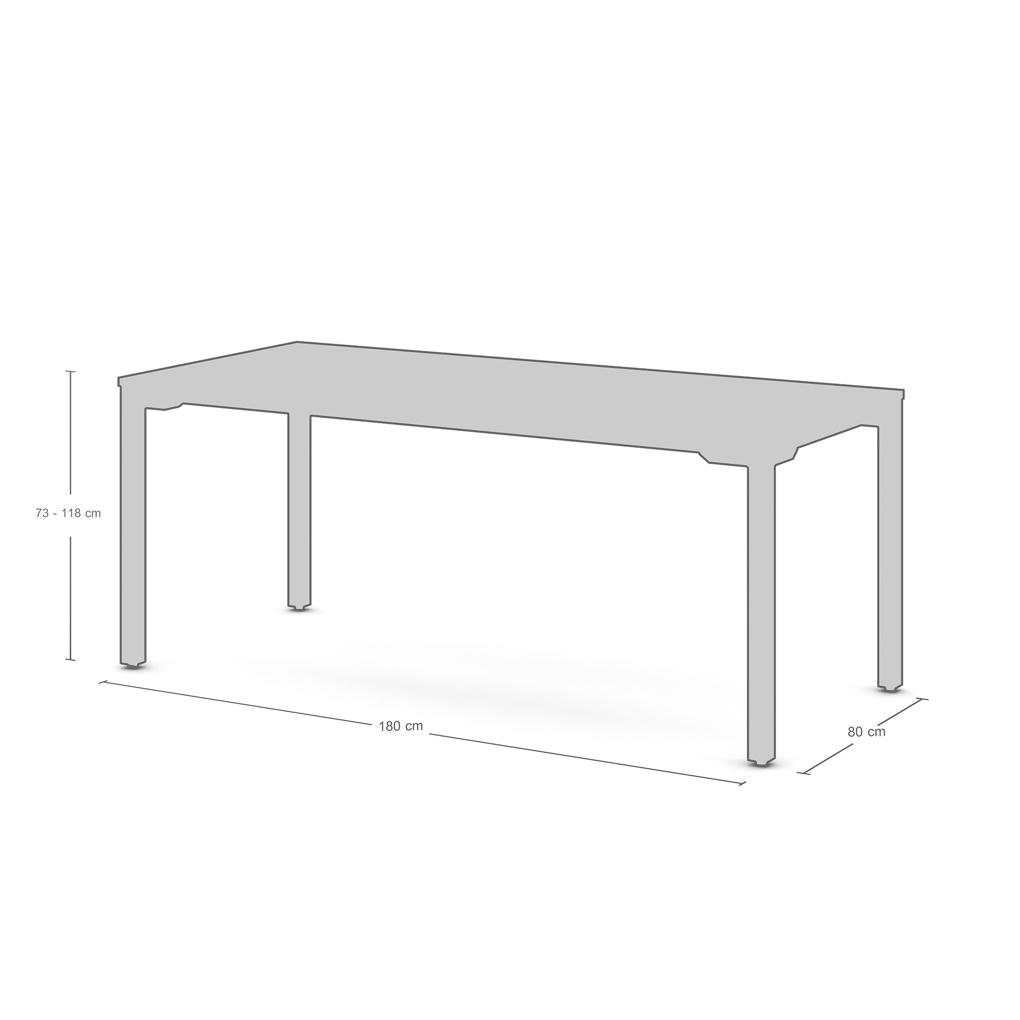 Technische Zeichnung eines höhenverstellbaren Tisches mit den Maßen 180 × 80 cm und variabler Höhe