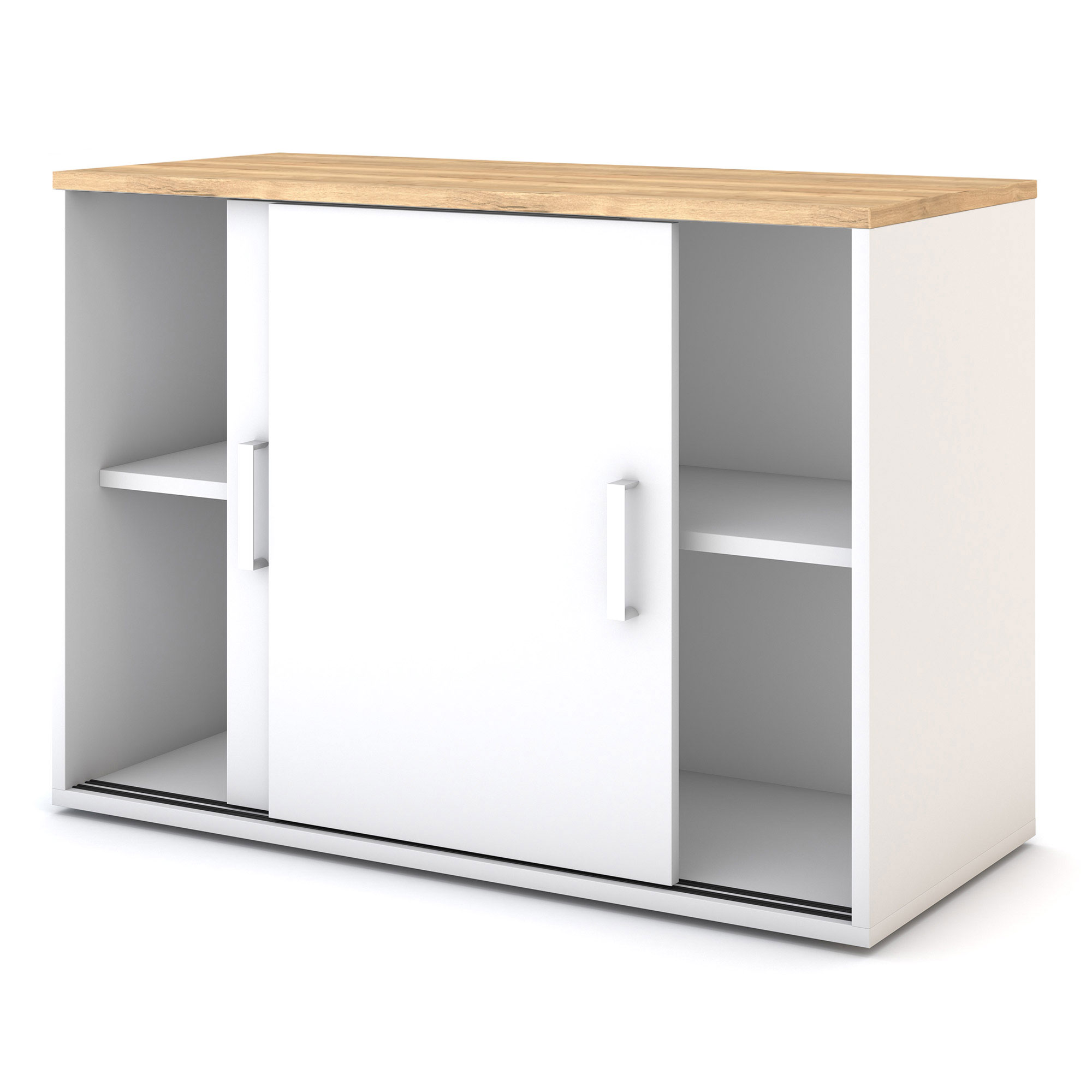 Weißer Büroschrank mit Schiebetüren und Holzplatte.