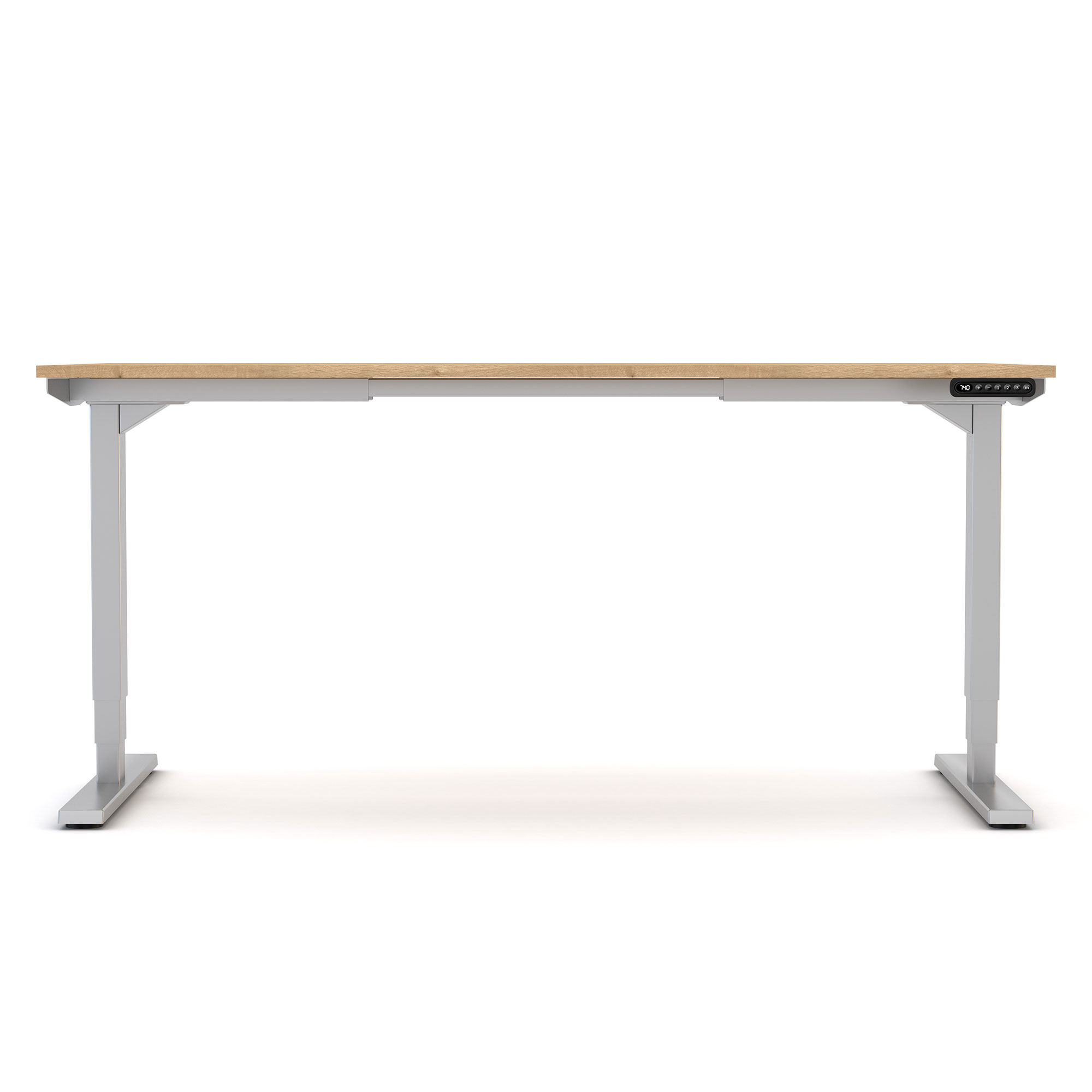 Höhenverstellbarer Schreibtisch mit Holzplatte und weißem Gestell.