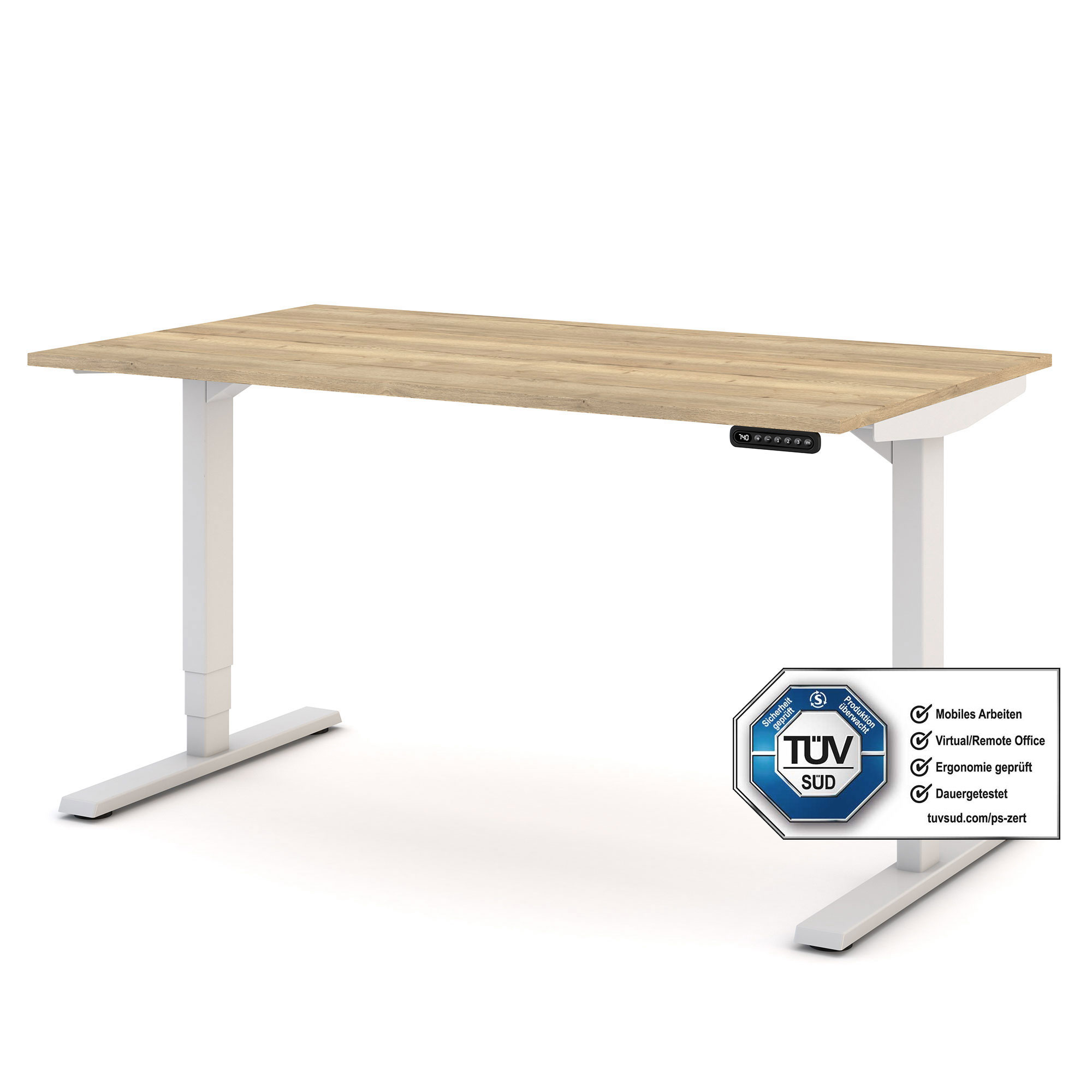 Höhenverstellbarer Schreibtisch mit Holzdekorplatte und TÜV SÜD Zertifikat