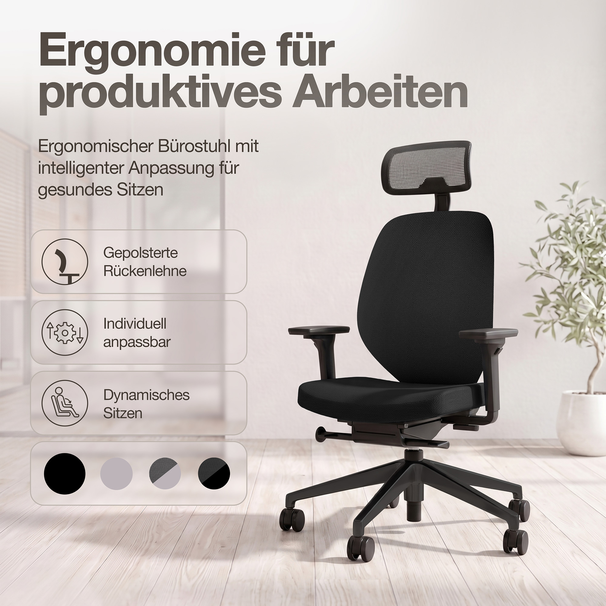 Ergonomischer Bürostuhl Atessa mit Polsterrücken und Kopfstütze