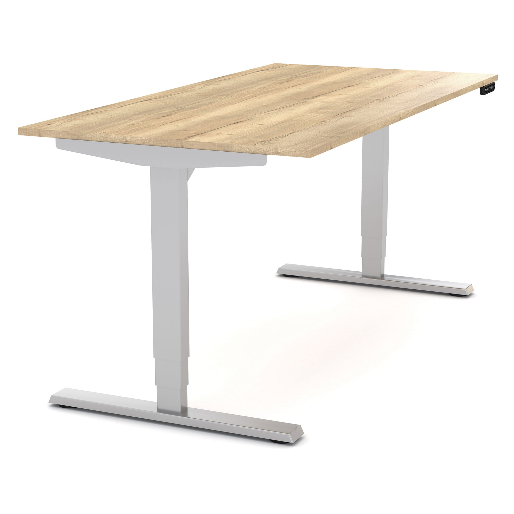 Schreibtisch mit höhenverstellbarem weißen Gestell und Holz-Tischplatte in Eichenoptik.